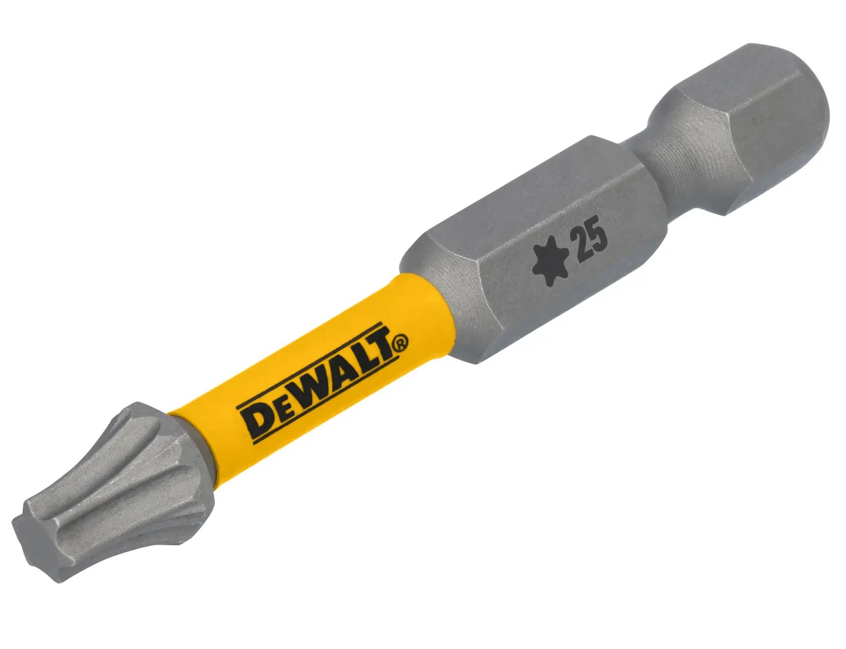 Uma ponta de chave Torx da marca DEWALT com haste amarela, marcada com um símbolo de estrela e o número 25.