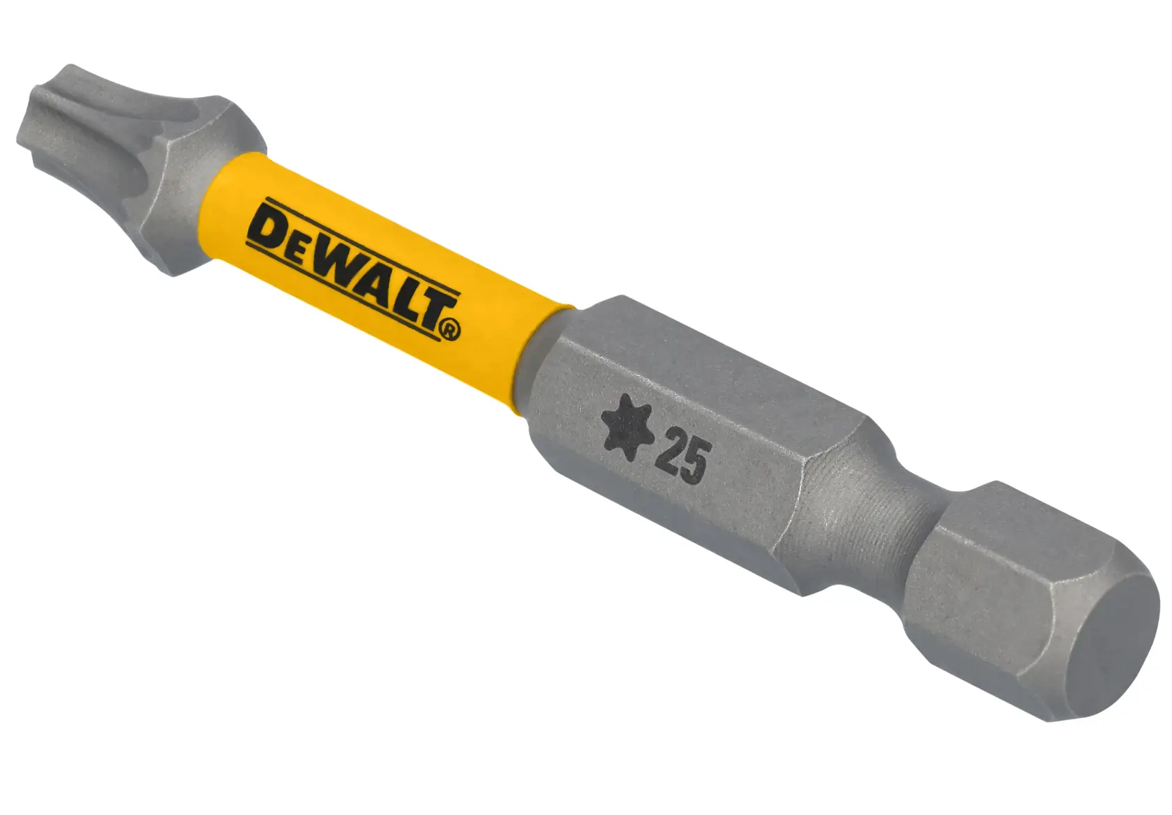 Imagem de close de uma ponta de parafusadeira da marca DEWALT com haste amarela e ponta Torx T25.