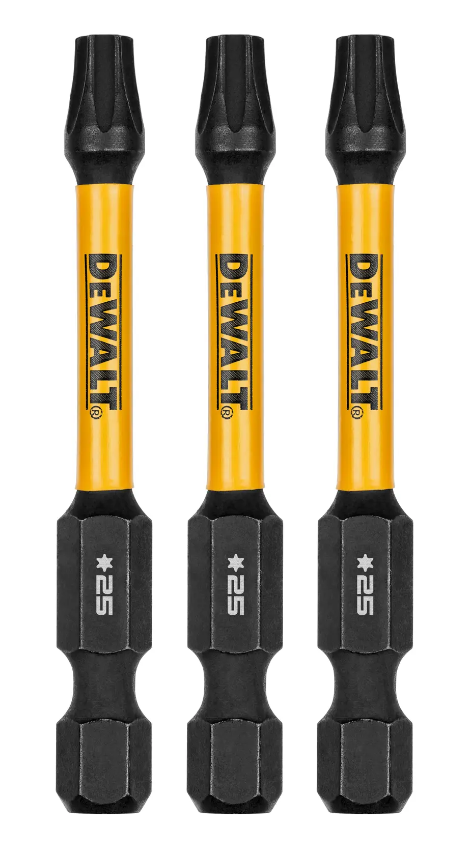 Três bits de parafusadeira DEWALT com hastes amarelas e extremidades pretas, cada uma marcada com um símbolo de estrela e o número 25.