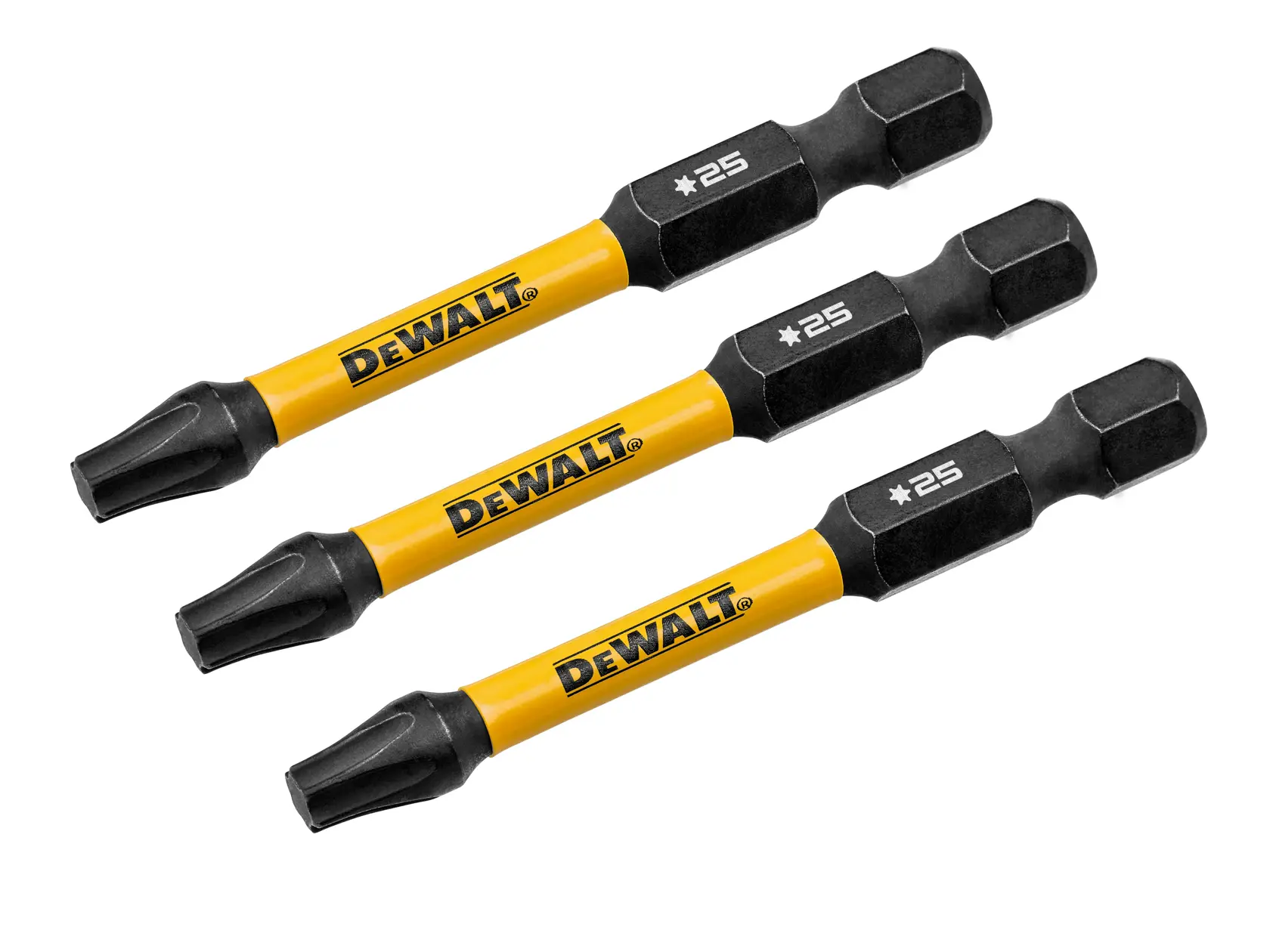 Três bits de chave de fenda Torx T25 para impacto da marca DEWALT, com hastes amarelas e extremidades pretas, organizados diagonalmente sobre um fundo branco.