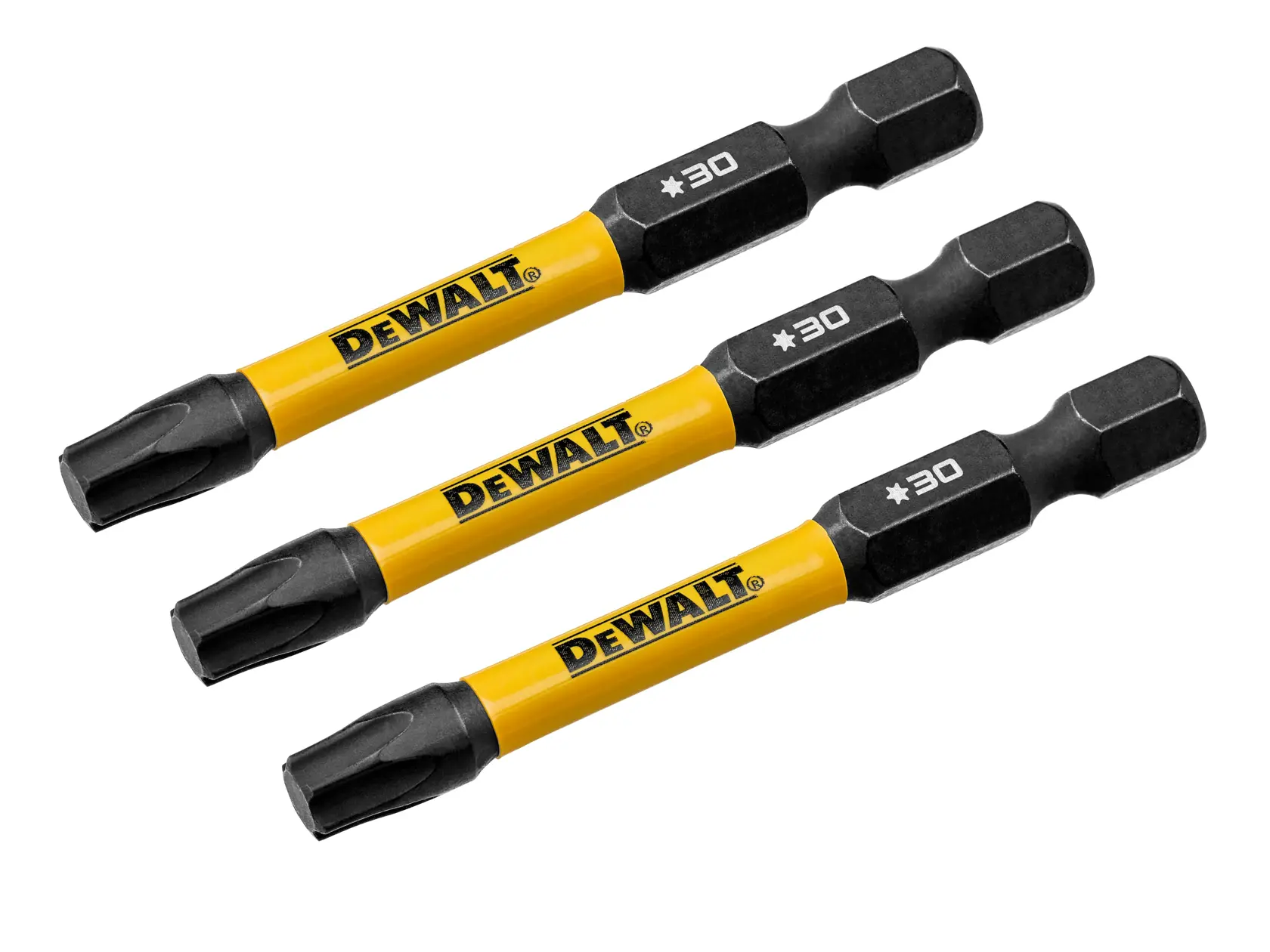 Três bits de chave de fenda estrela (Torx) T30 da marca DEWALT com hastes amarelas e pontas pretas, organizados em paralelo sobre um fundo branco.