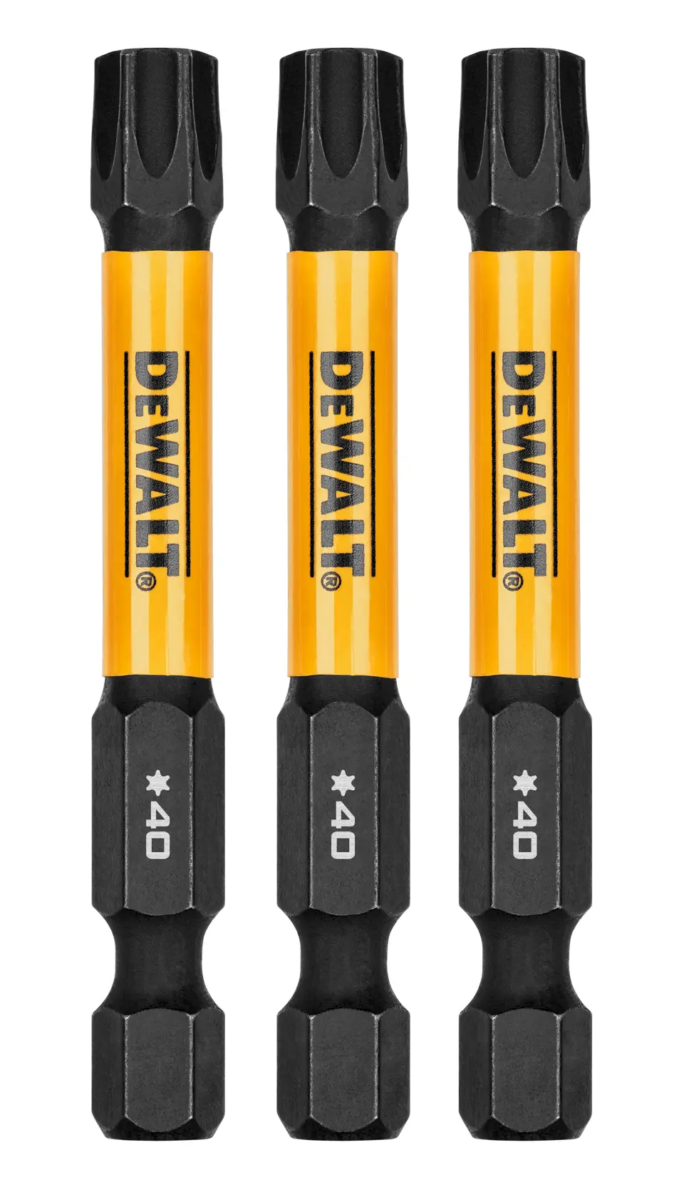 Três pontas de chave estrela da marca DEWALT, tipo T40, com design amarelo e preto, exibidas verticalmente lado a lado.
