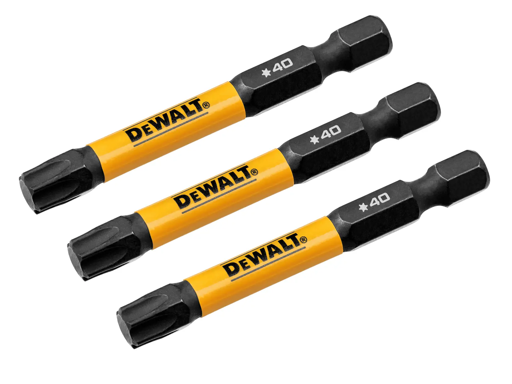 Três bits de chave de fenda prontos para impacto da marca DEWALT, cada um com eixo amarelo e ponta preta, rotulados com símbolo de estrela e o número 40.