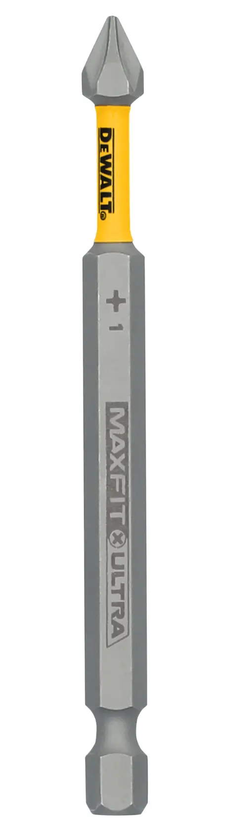 Uma ponta de parafusadeira DEWALT MAXFIT ULTRA com cabeça Phillips, tamanho PH1, com uma seção amarela com o logo DEWALT e acabamento metálico cinza.