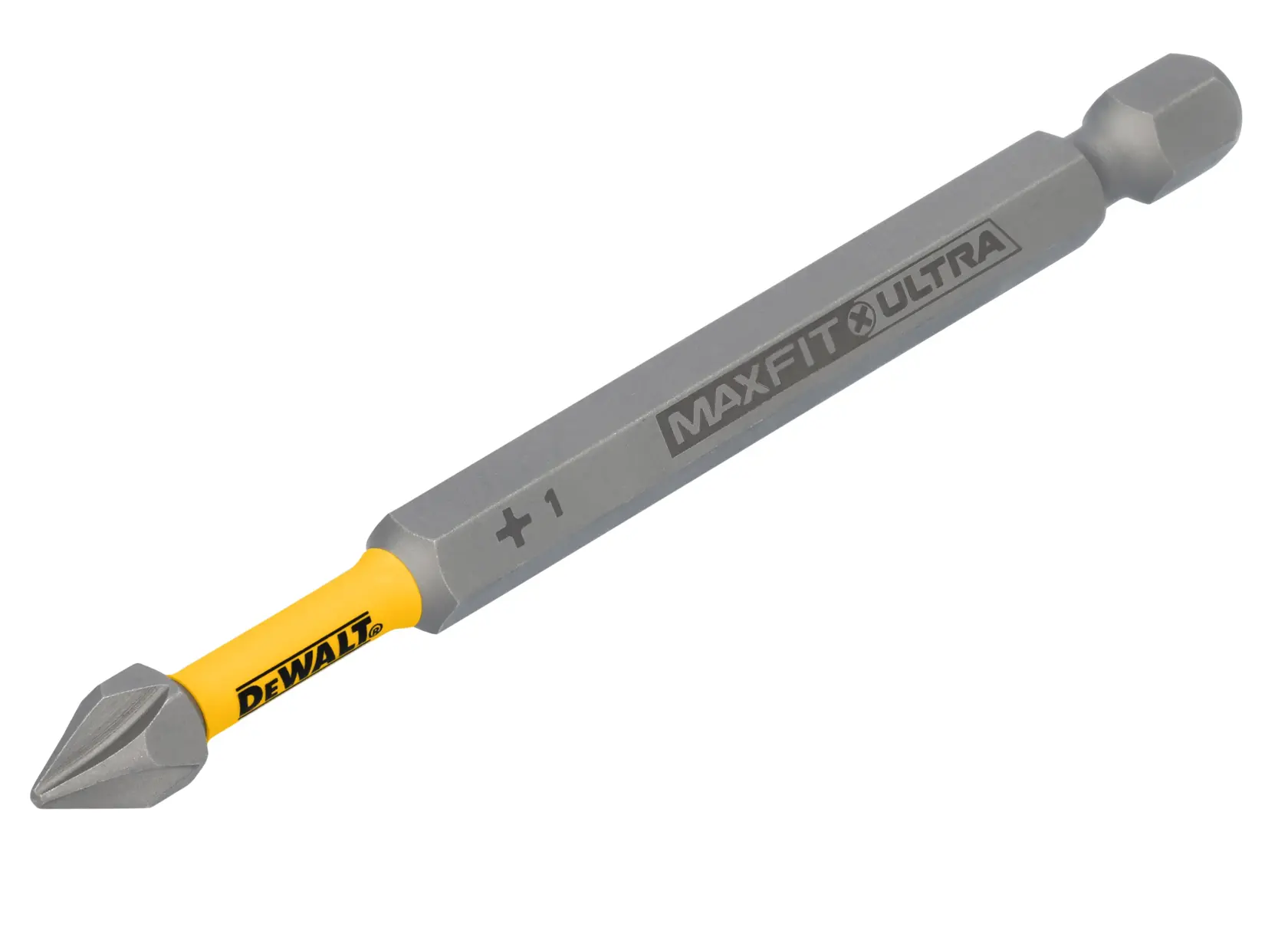 Uma ponta de parafuso Phillips DEWALT MaxFit Ultra, tamanho PH1, com haste sextavada para uso em ferramentas elétricas.