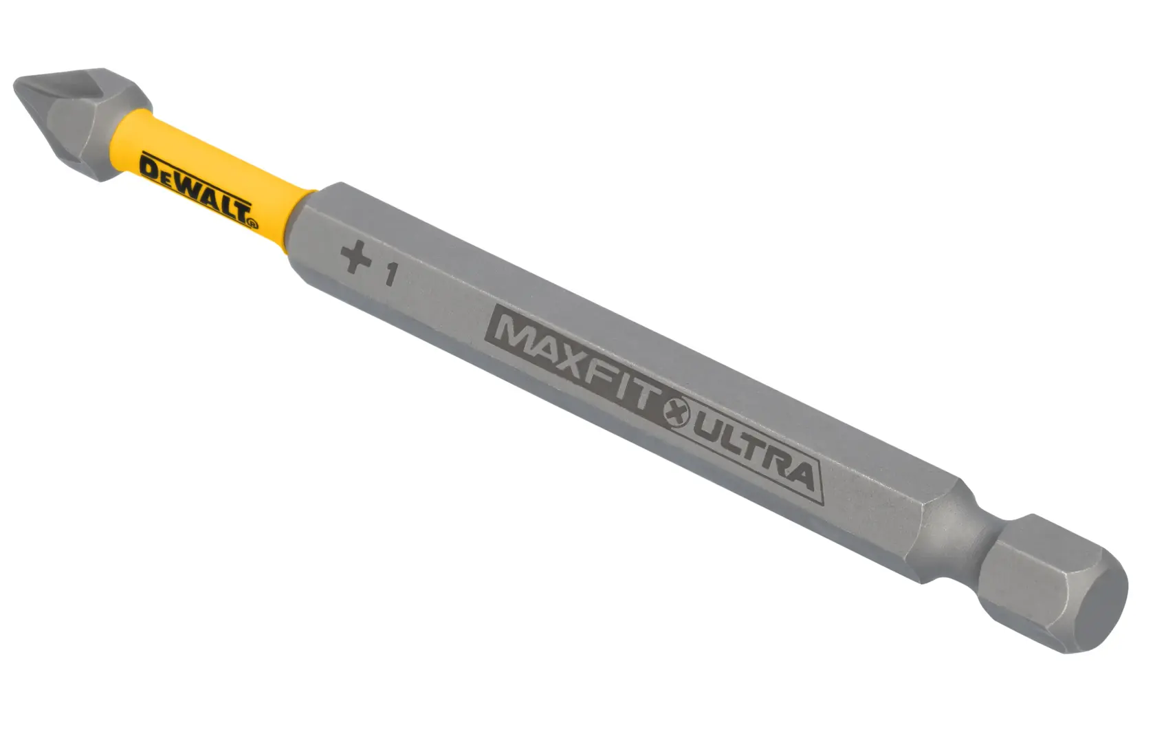 Uma ponteira de parafusadeira DEWALT MaxFit Ultra PH1 com haste amarela e ponta cinza, projetada para uso com ferramentas elétricas.