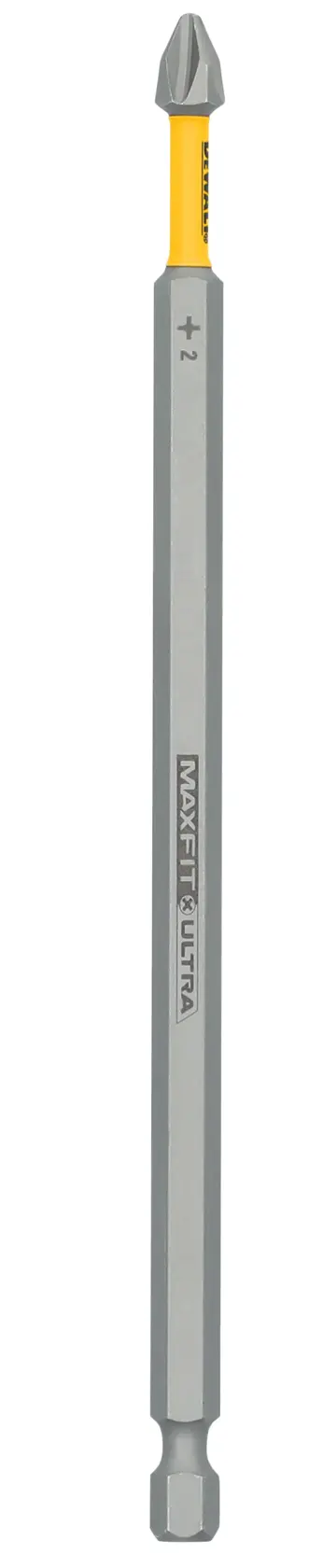 Uma ponta de fenda Phillips nº 2 DEWALT MaxFit Ultra com haste longa e base hexagonal, projetada para ferramentas elétricas.