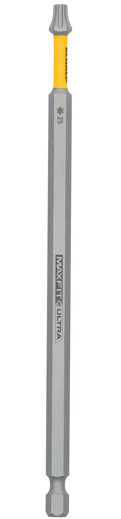 Uma ponta longa de chave de fenda DEWALT MAXFIT ULTRA com uma ponta em formato de estrela TORX, tamanho TX25. O corpo é prateado com um detalhe amarelo e possui marcações do produto ao longo de sua extensão.