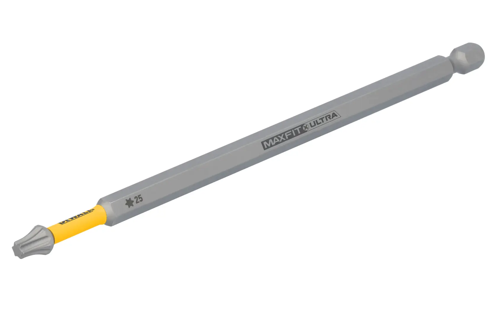 Uma ponta longa de parafusadeira DEWALT MaxFit Ultra com cabeça Torx TX25 e haste sextavada, projetada para ferramentas elétricas. A ponta é cinza com uma seção amarela perto da extremidade.