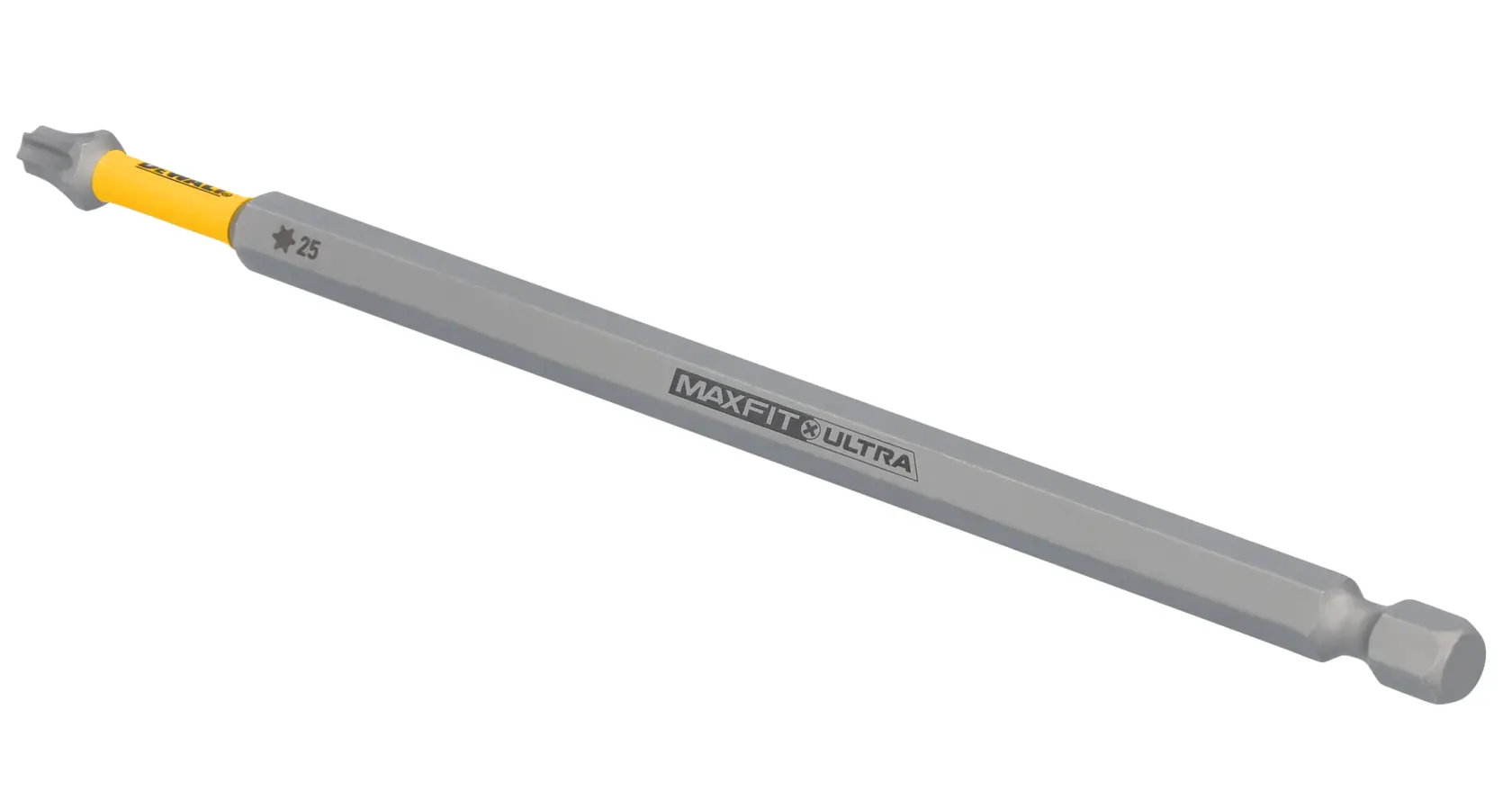 Uma ponta de parafusadeira DEWALT MaxFit Ultra Torx T25 com haste longa e encaixe sextavado, projetada para uso com ferramentas elétricas.