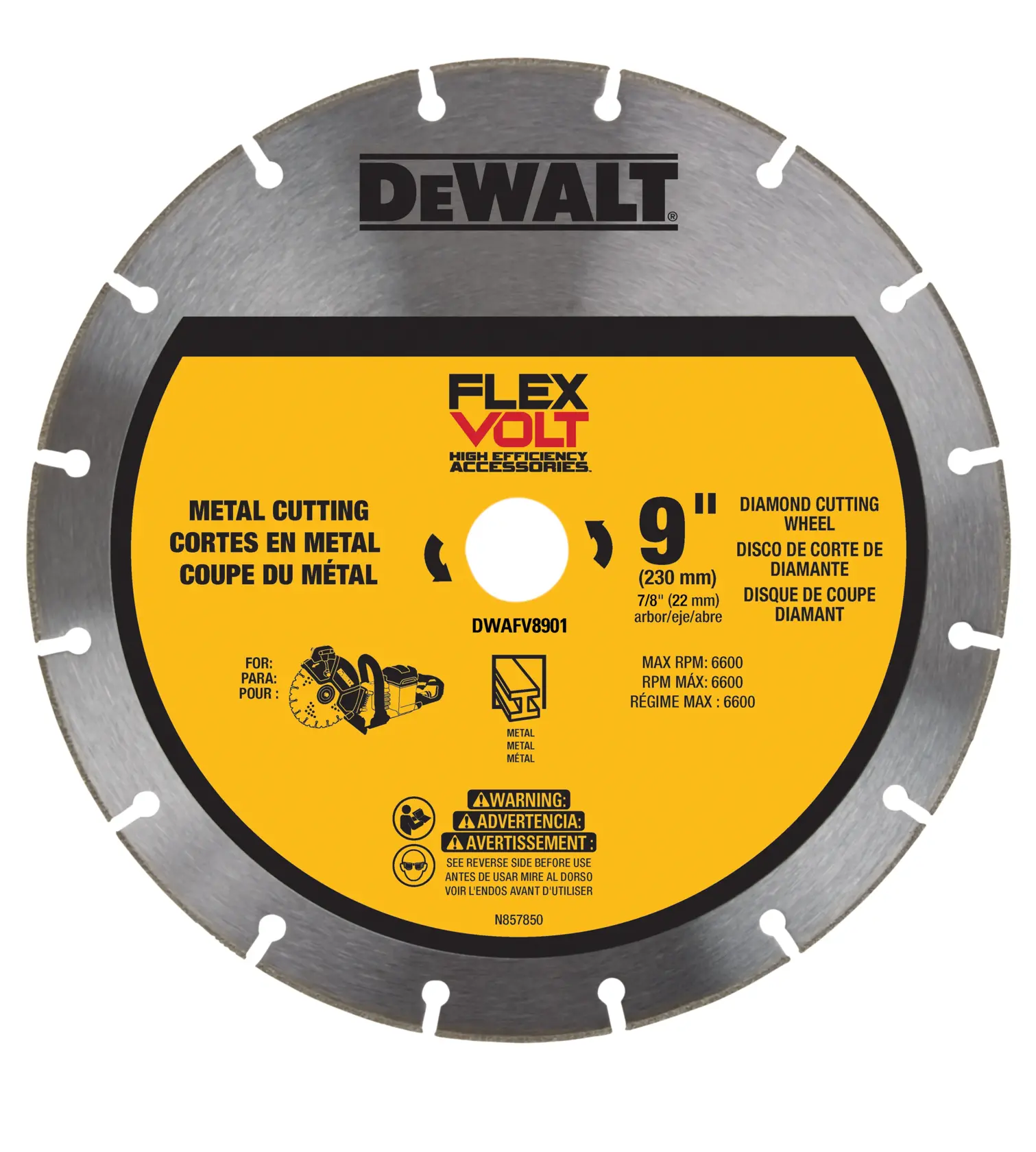 Uma roda de corte de diamante DEWALT FlexVolt de 9 polegadas para metal, mostrada com design amarelo e prateado. A roda inclui informações sobre corte de metal, RPM máximo de 6600, detalhes de compatibilidade e avisos de segurança.