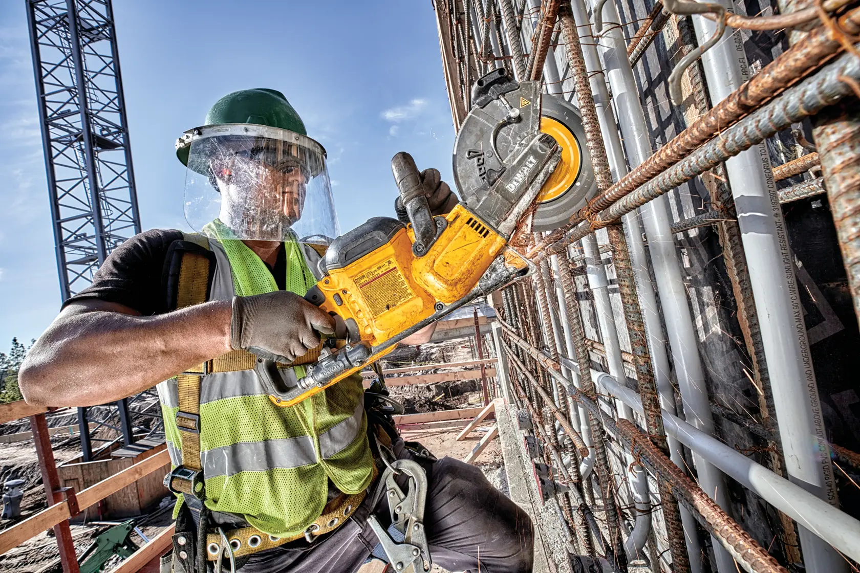 Um trabalhador de construção com equipamentos de segurança utiliza uma ferramenta elétrica amarela DEWALT para cortar vergalhões metálicos em um canteiro de obras.
