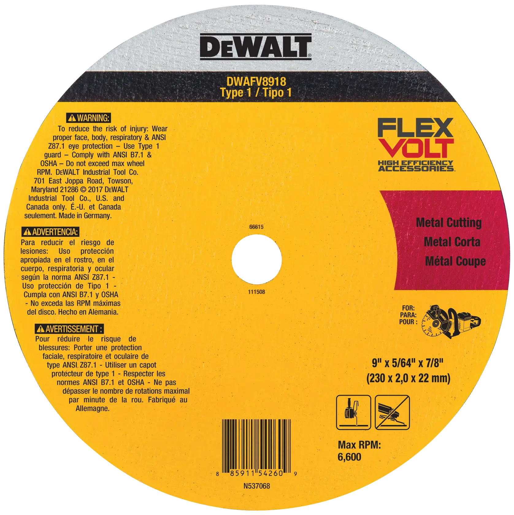 Imagem de um acessório de disco de corte de metal DEWALT DWAFV8918 FlexVolt, 9 polegadas x 5/64 polegadas x 7/8 polegadas (230 x 2,0 x 22 mm), projetado para corte de alta eficiência. O disco circular possui áreas amarelas e vermelhas com avisos de segurança em inglês, espanhol e francês, especificações do produto, código de barras e informações do fabricante. Para corte de metal apenas.