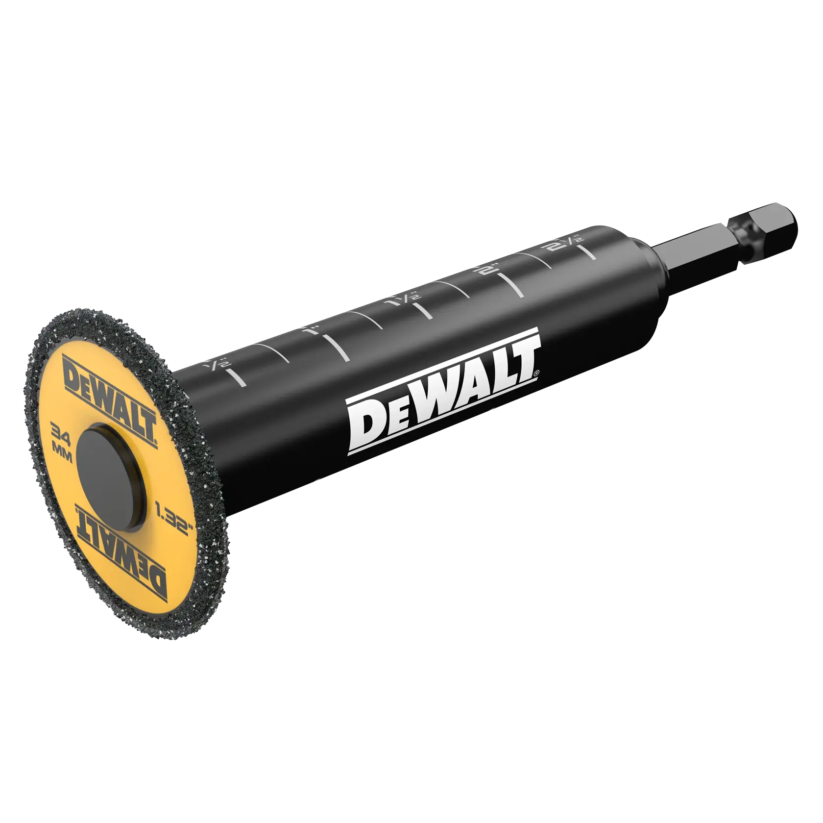 Acessório de disco de corte circular DEWALT de 3/4 polegada (34 mm) com cabo preto e marcações de profundidade, projetado para ferramentas rotativas ou elétricas.