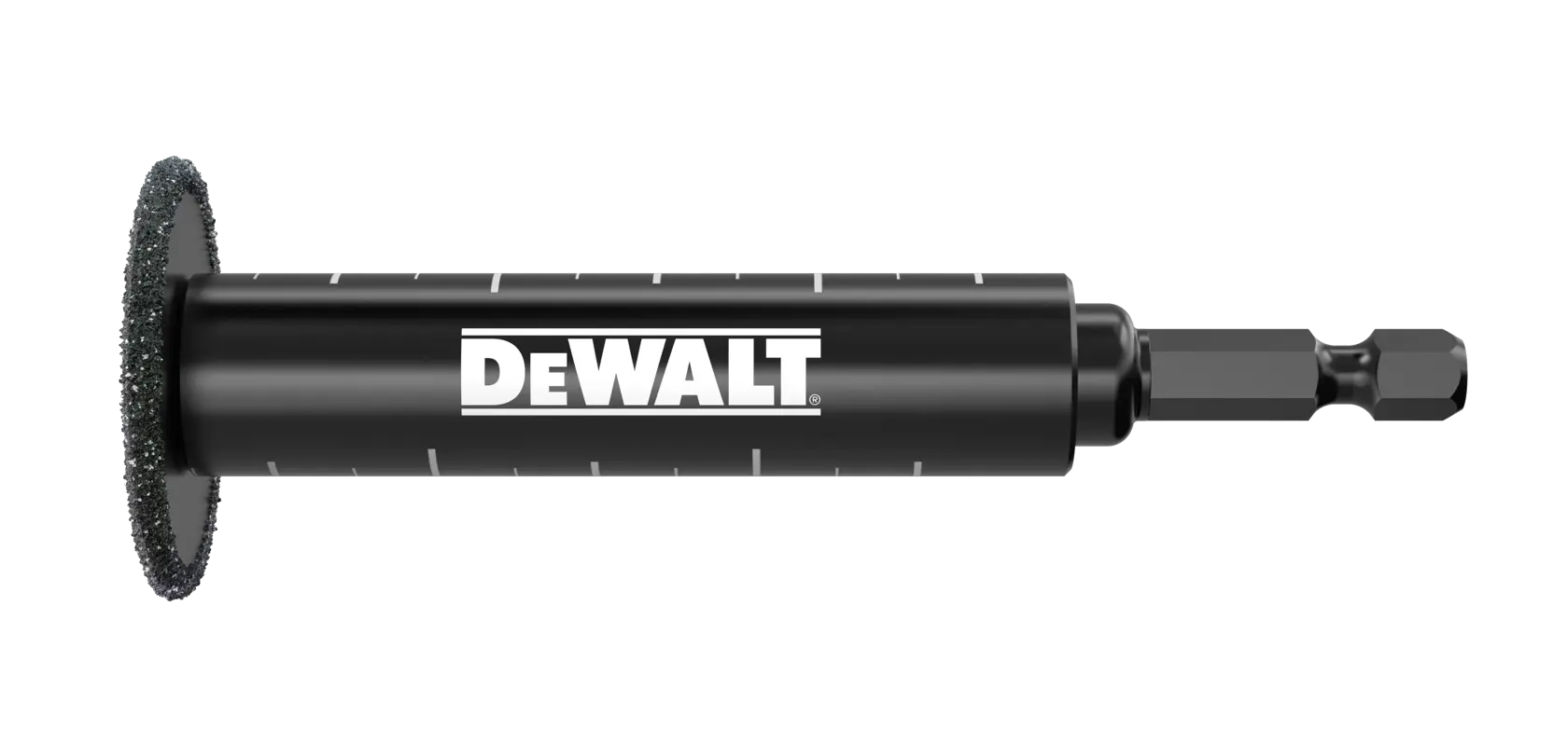 Acessório de lâmina circular preta da DEWALT com haste sextavada, projetado para ferramentas elétricas.