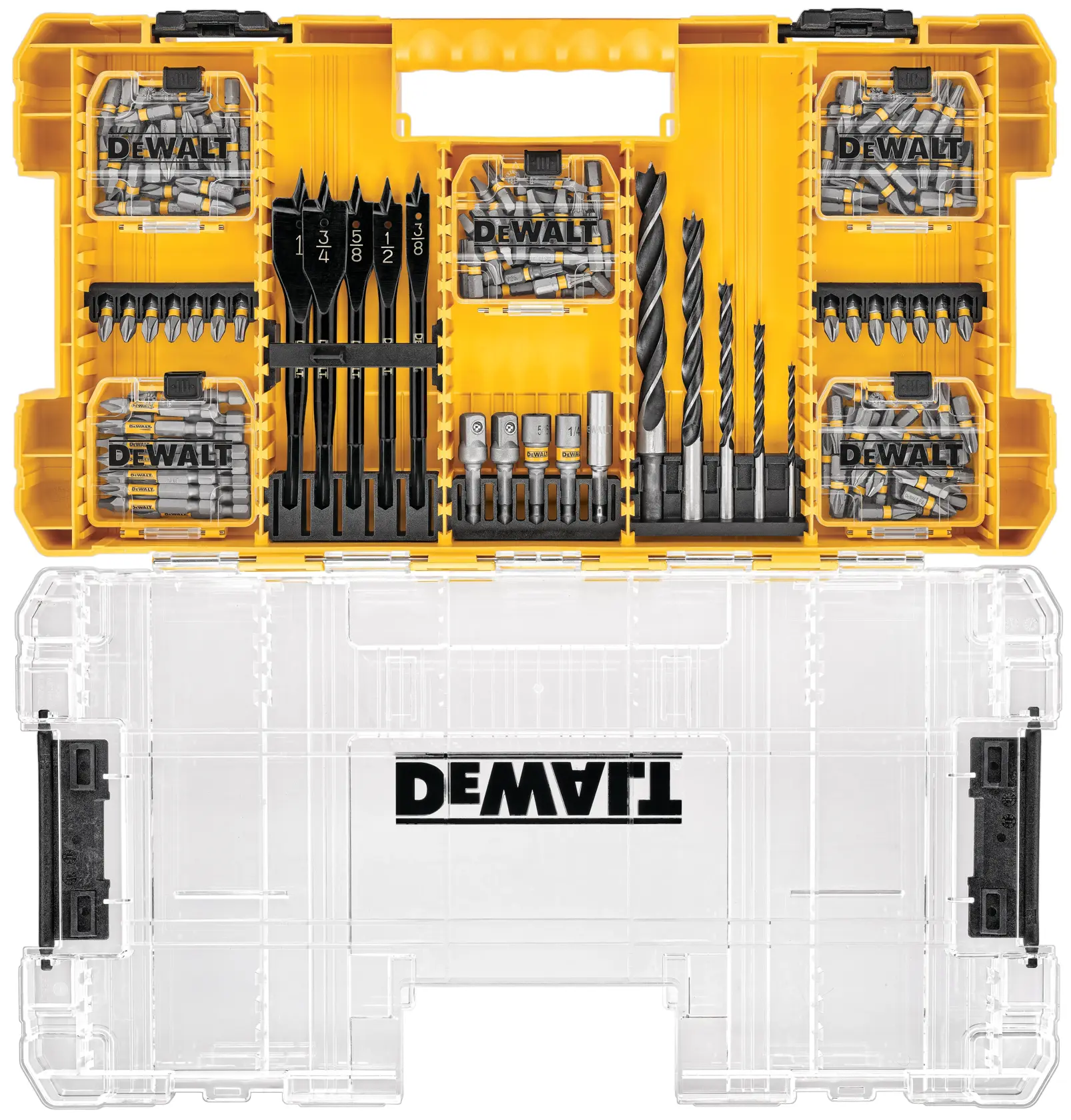 Uma caixa de ferramentas amarela da marca DEWALT contendo várias brocas, brocas de pá, bits de parafusadeira e soquetes, organizados em compartimentos com a tampa transparente aberta.