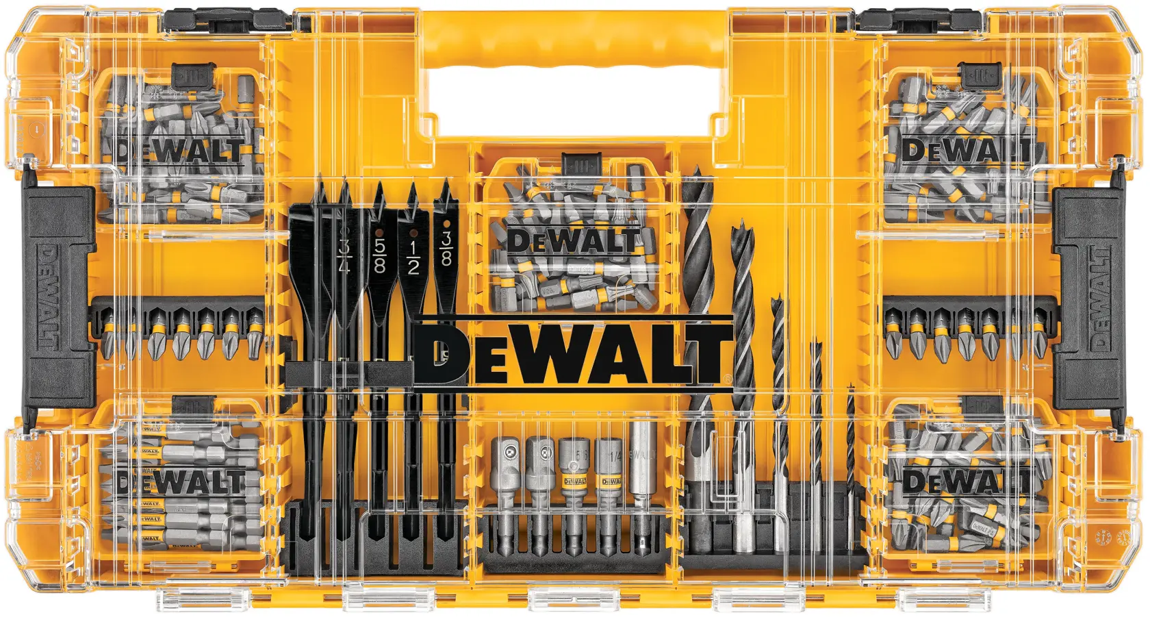 Uma maleta rígida de plástico amarela e transparente da DEWALT contendo uma variedade de brocas, bits de parafuso, brocas de pá e outros acessórios de ferramentas organizados em compartimentos.