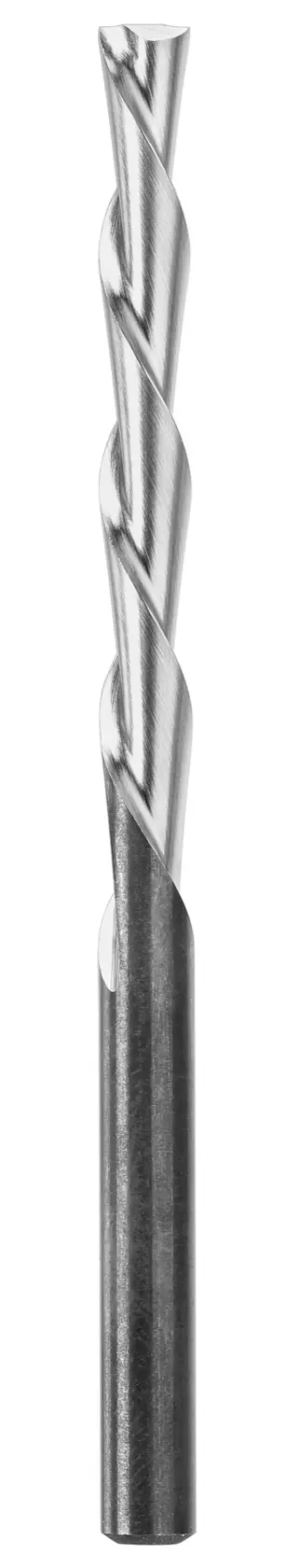 Broca de metal com design espiral para perfuração precisa, exibida na vertical em fundo branco.