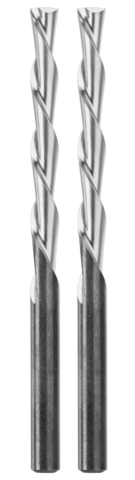Dois brocas prateadas DEWALT com design espiral, exibidas em pé sobre fundo branco.