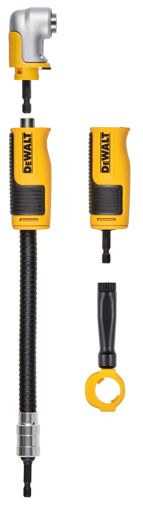 Um conjunto de acessórios para chave de fenda da marca DEWALT, com eixo flexível e adaptador de ângulo reto, incluindo um cabo amarelo e preto, adaptador angular, eixo flexível e peças adicionais, mostrado em fundo branco.