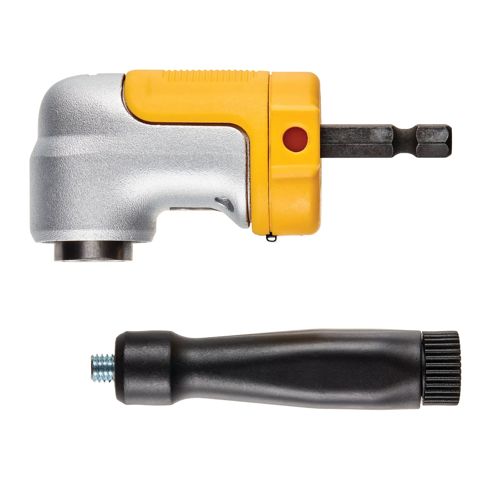Um conjunto de acessórios para ângulo reto da DEWALT, composto por um adaptador de furadeira em ângulo reto amarelo e prateado e uma alça preta destacável, mostrado sobre um fundo branco.