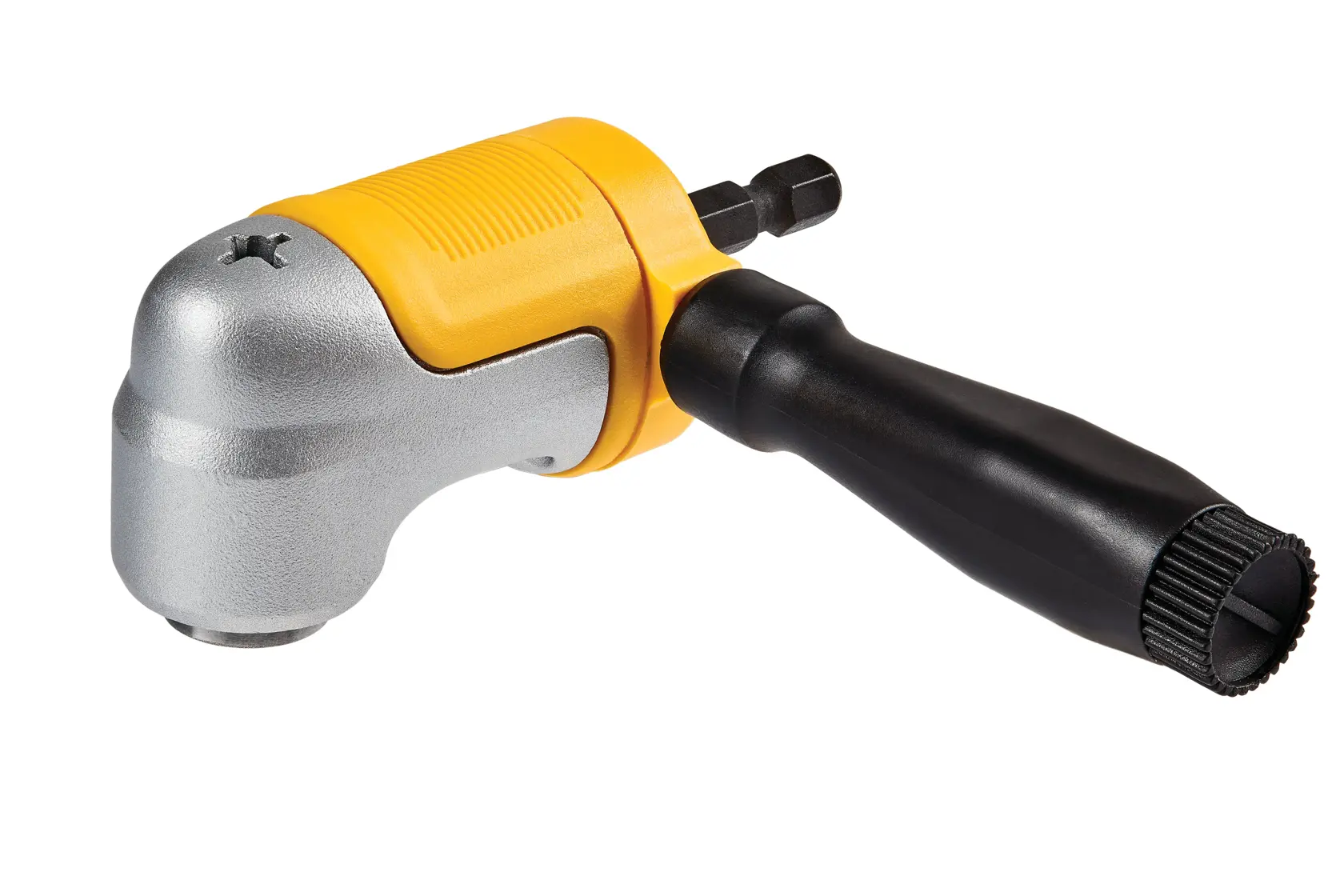 Um acessório para furadeira em ângulo reto DEWALT, com corpo amarelo e prateado e cabo preto, projetado para uso em locais apertados ou de difícil acesso.