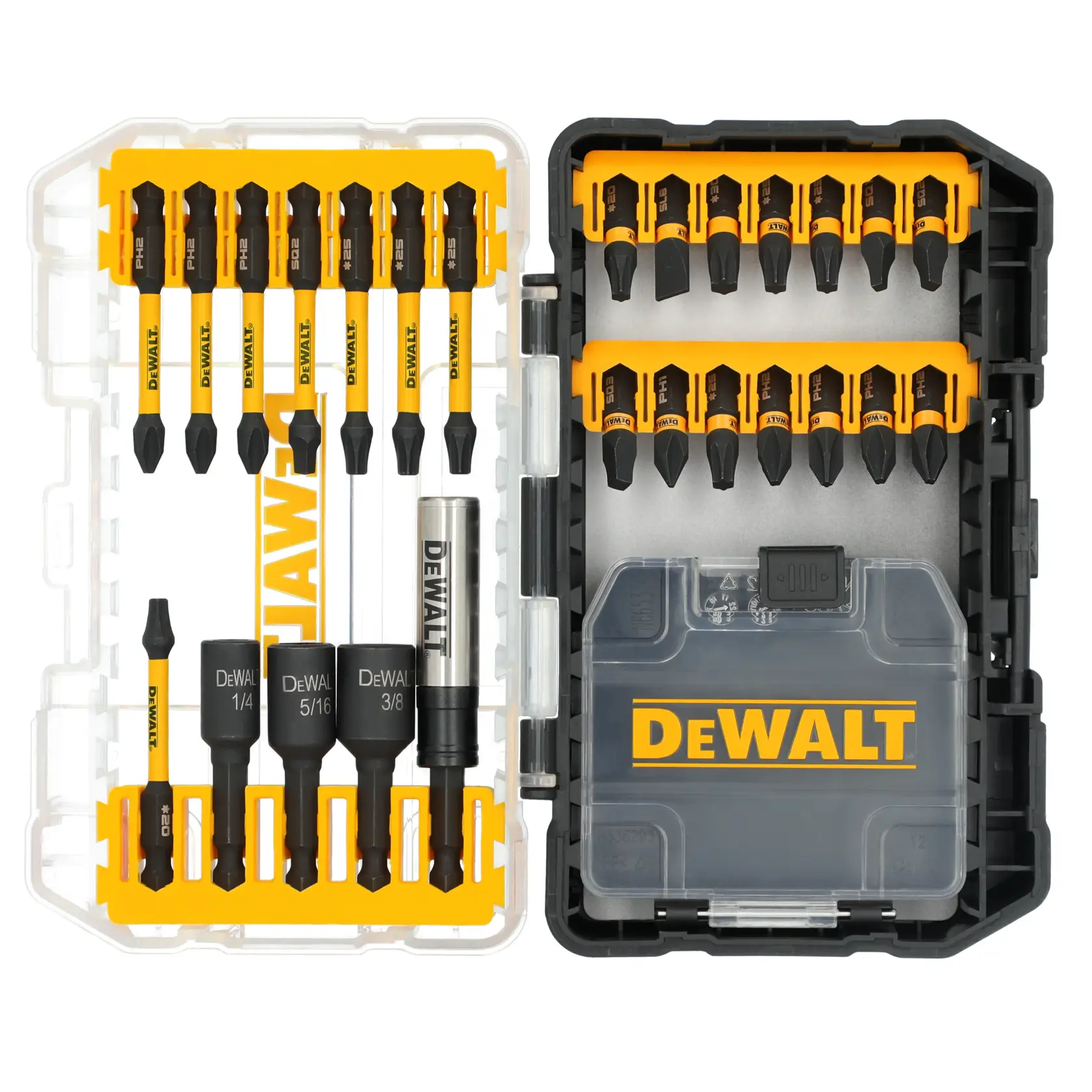 Um conjunto de bits para furadeira e parafusadeira da DEWALT em uma caixa plástica, contendo diversos tamanhos de bits pretos e amarelos, além de soquetes, organizados de forma ordenada.