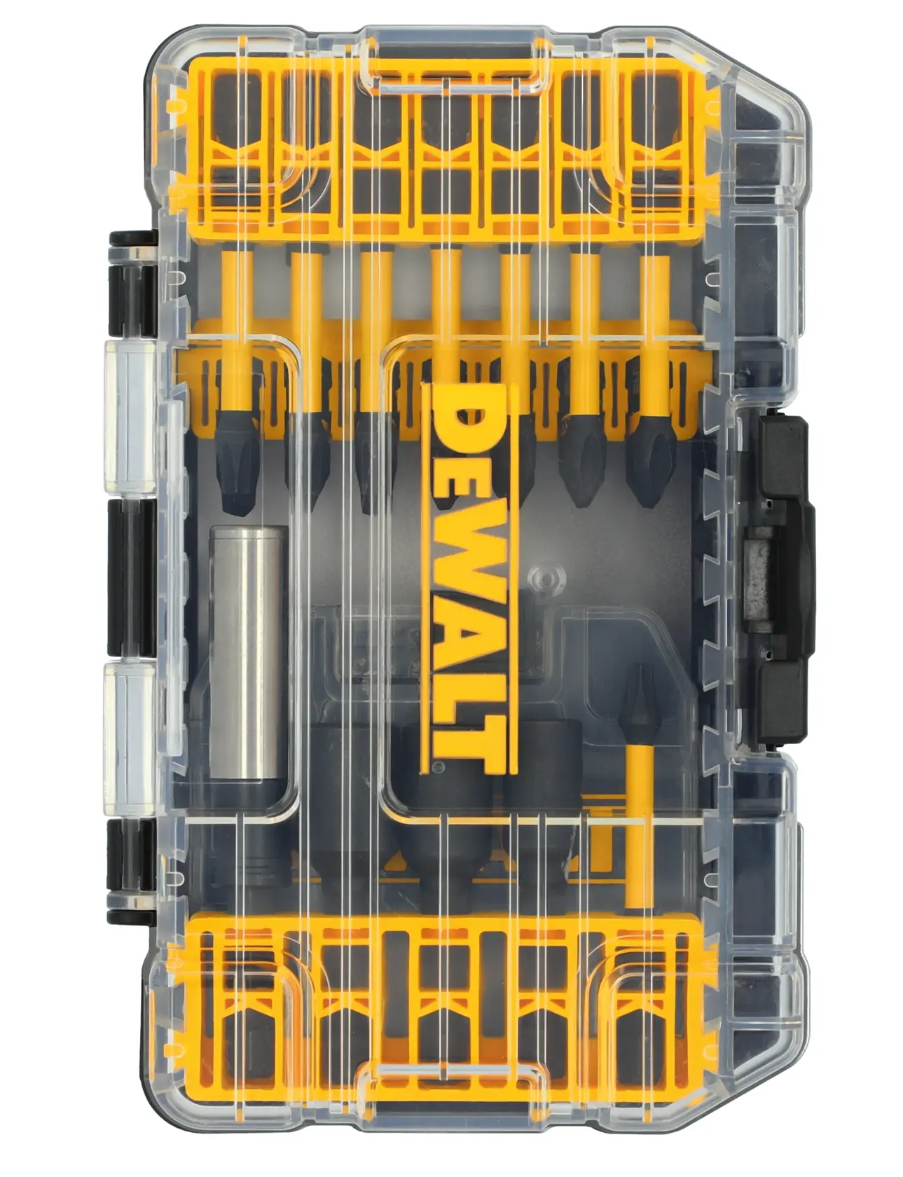 Estojo transparente de plástico da DEWALT contendo um conjunto de várias pontas de chave de fenda e um suporte para pontas, organizados de forma ordenada em compartimentos, com detalhes em amarelo e preto.