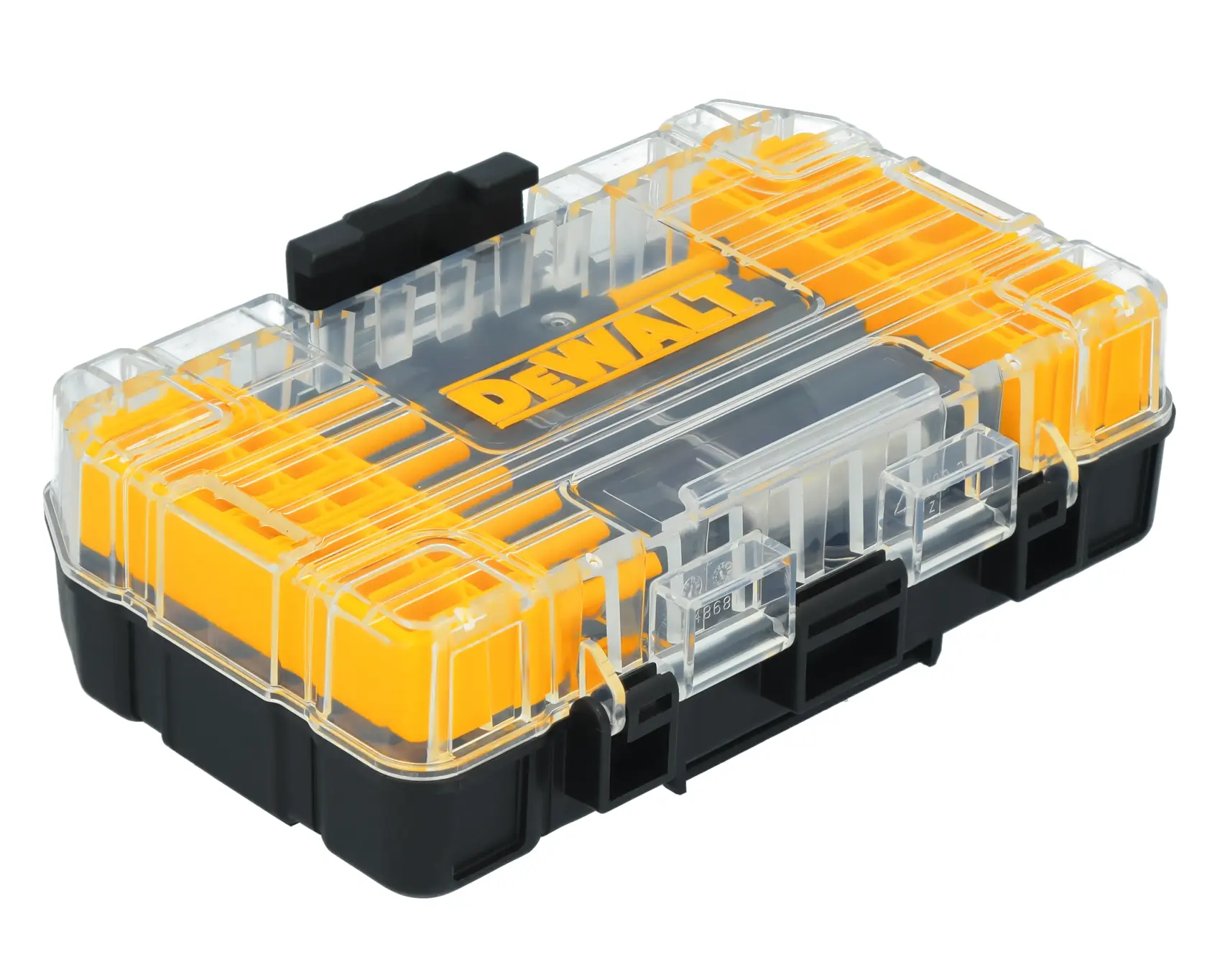 Caixa de armazenamento de plástico DEWALT com tampa transparente, compartimentos internos amarelos e base preta, projetada para organizar pequenas ferramentas ou acessórios.