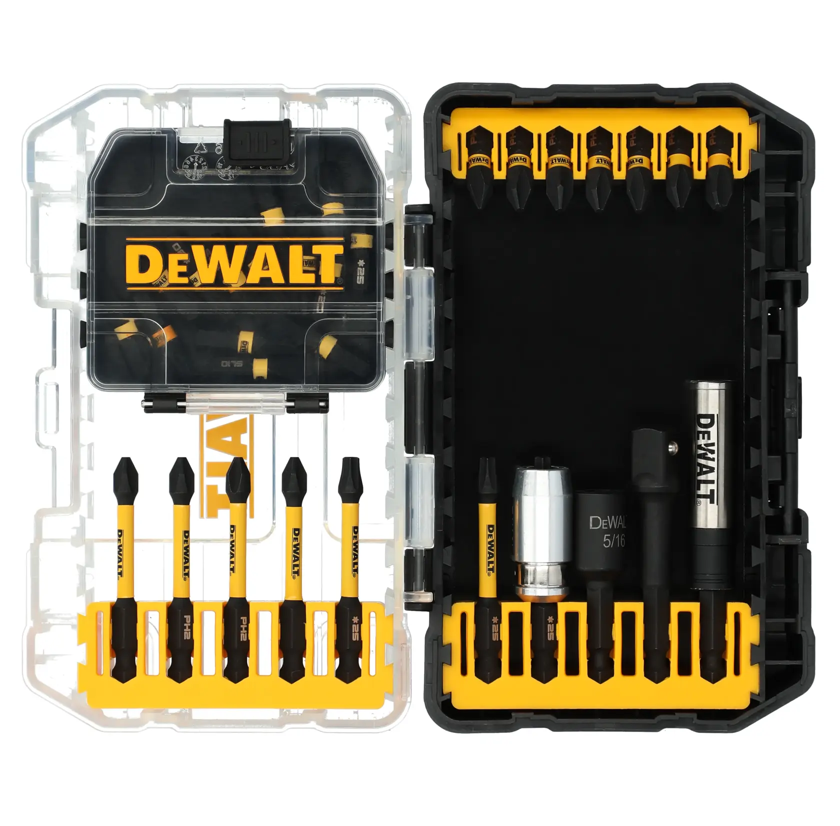 Um conjunto de brocas e bits para furadeira e parafusadeira da marca DEWALT em uma caixa de transporte de plástico transparente e preto. O conjunto inclui vários bits e acessórios organizados cuidadosamente em suportes amarelos dentro da caixa.