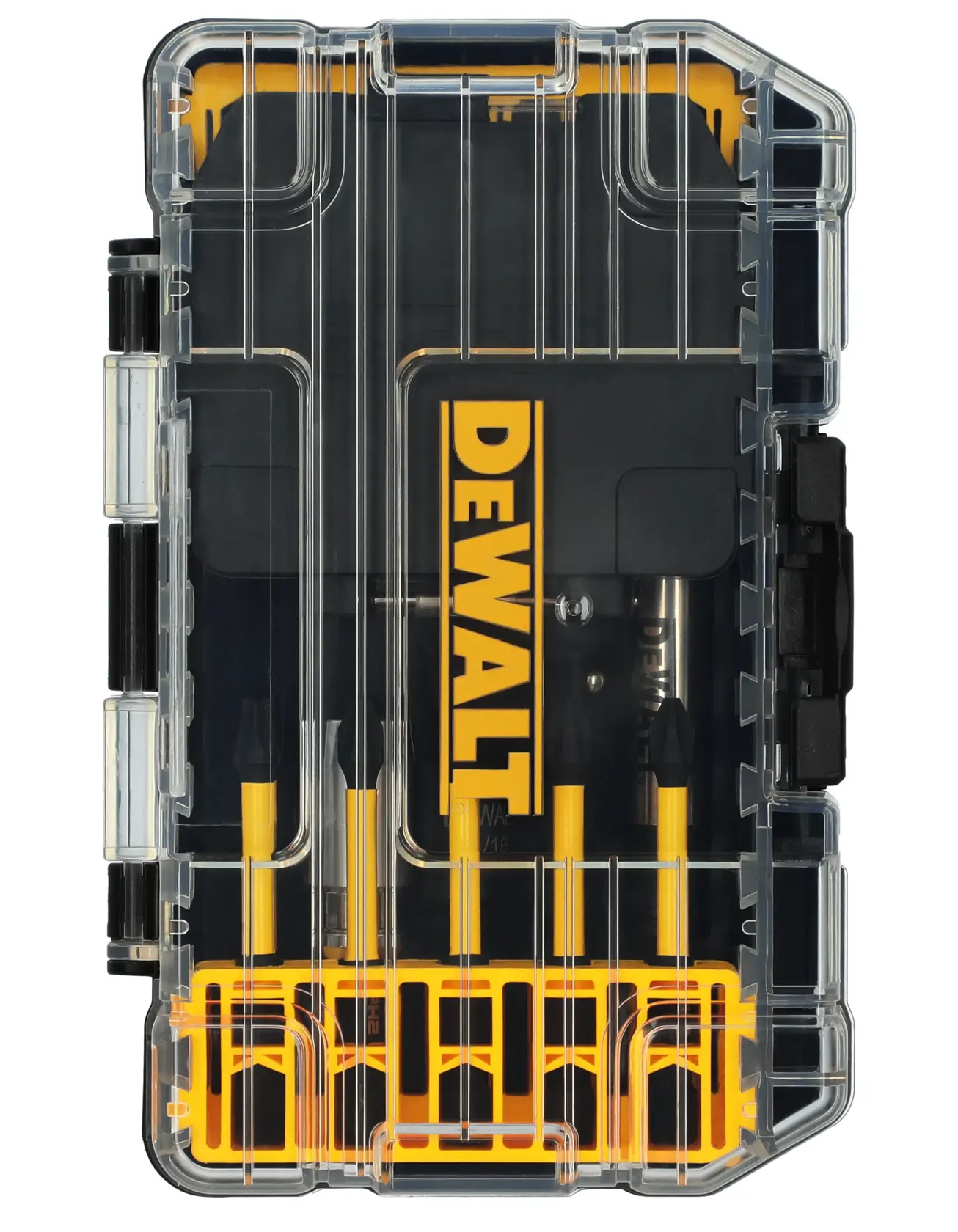 Uma caixa plástica transparente da marca DEWALT contendo um conjunto de brocas e pontas de parafuso, organizadas com suportes amarelos visíveis dentro.