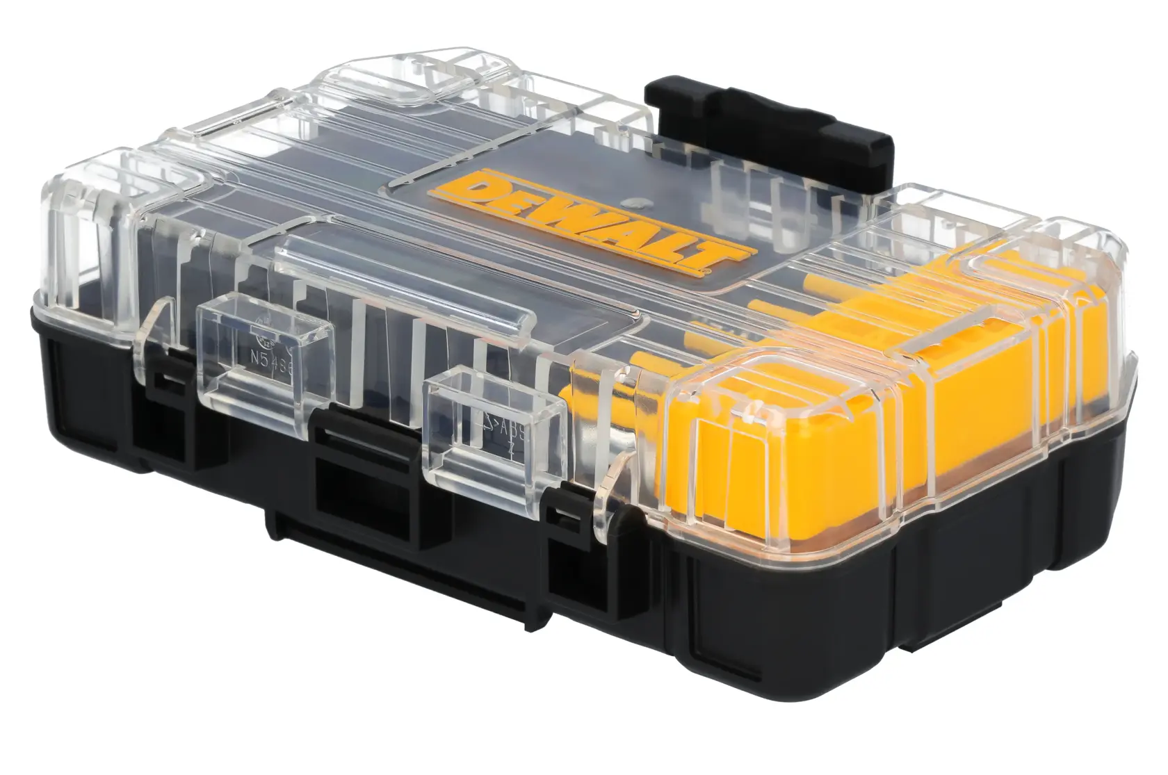 Uma caixa de plástico transparente e preta da marca DEWALT com compartimentos amarelos, usada para organizar pequenas ferramentas ou acessórios.