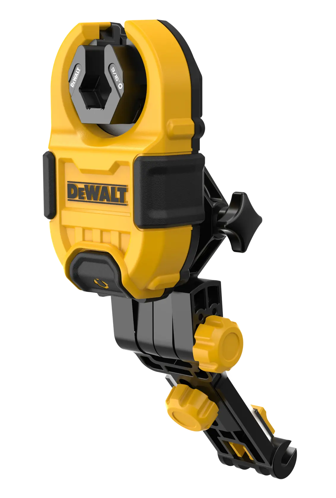 Um suporte de montagem ajustável amarelo e preto da marca DEWALT, projetado para aplicações de fotografia e construção, com vários botões e encaixes para fixação e ajuste.