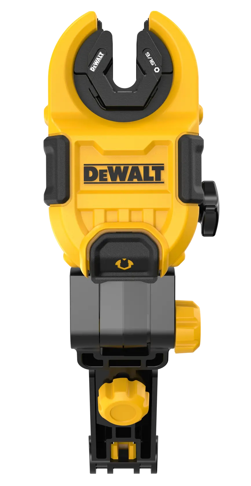 Uma ferramenta de crimpagem de tubos DEWALT amarela e preta, mostrada de frente com o nome da marca visível, projetada para uso em encanamento ou construção.