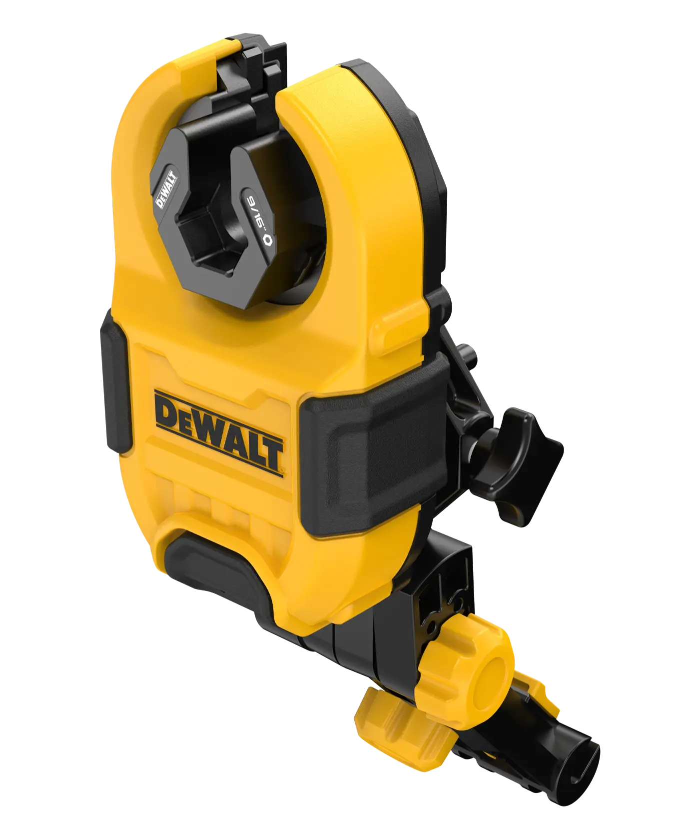 Um acessório de fotografia DEWALT amarelo e preto, projetado para montar e fixar equipamentos fotográficos, com componentes ajustáveis e o logotipo DEWALT na parte frontal.