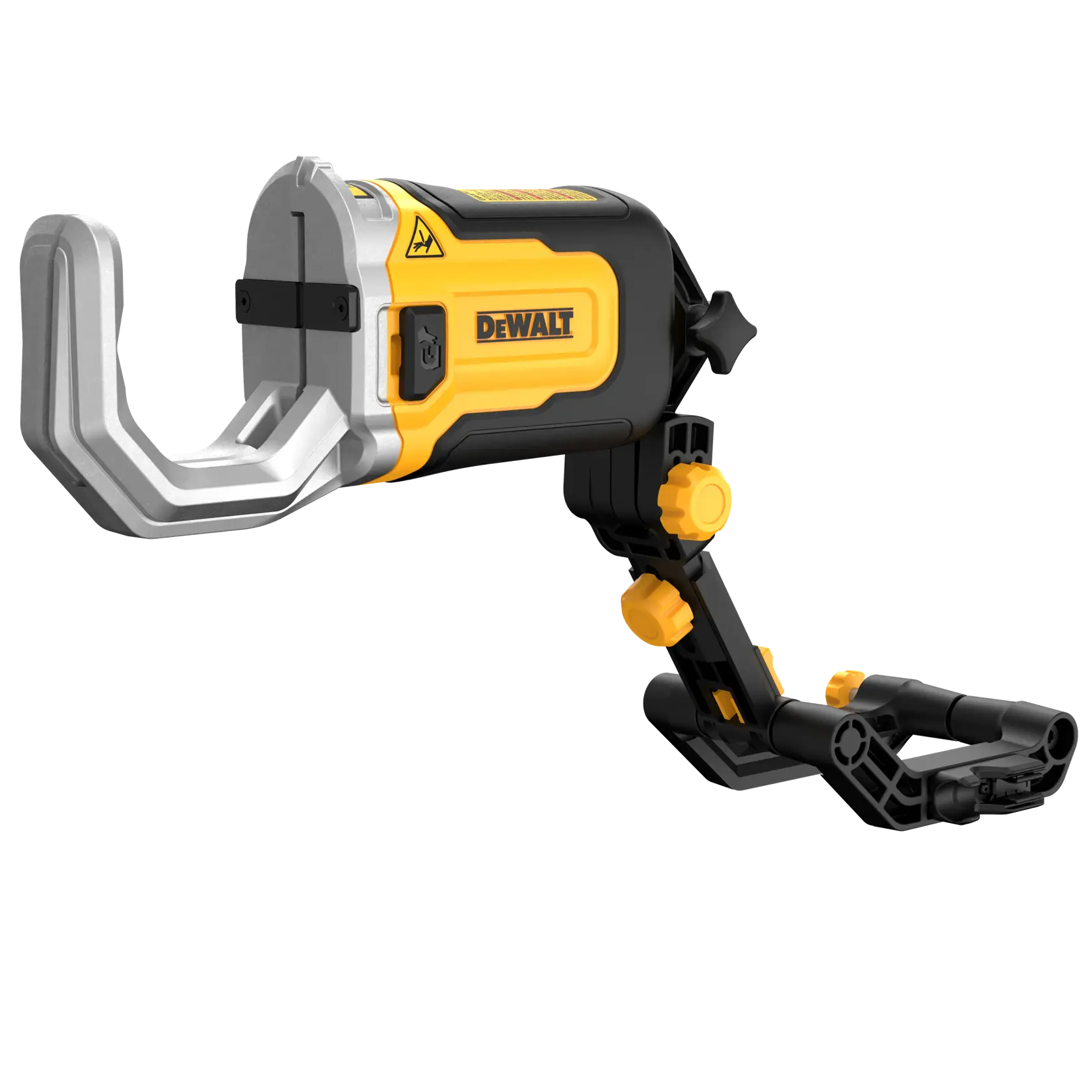 Ferramenta da marca DEWALT com corpo amarelo e preto, apresentando uma grande braçadeira ou gancho de metal na frente e um braço ajustável com vários botões amarelos, projetada para aplicações industriais ou de construção, exibida em fundo branco.