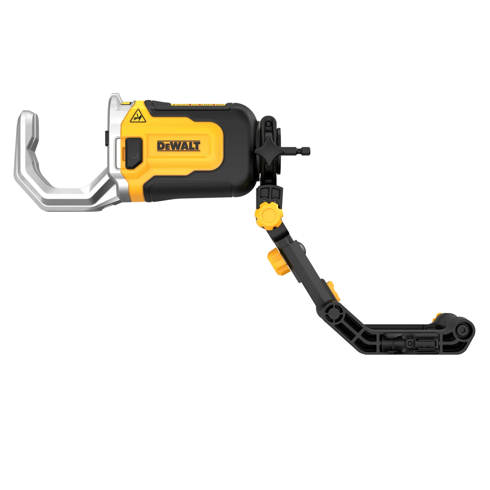 A imagem mostra um acessório fotográfico da marca DEWALT com um braço ajustável preto e amarelo e uma braçadeira metálica, projetado para montar câmeras ou equipamentos.