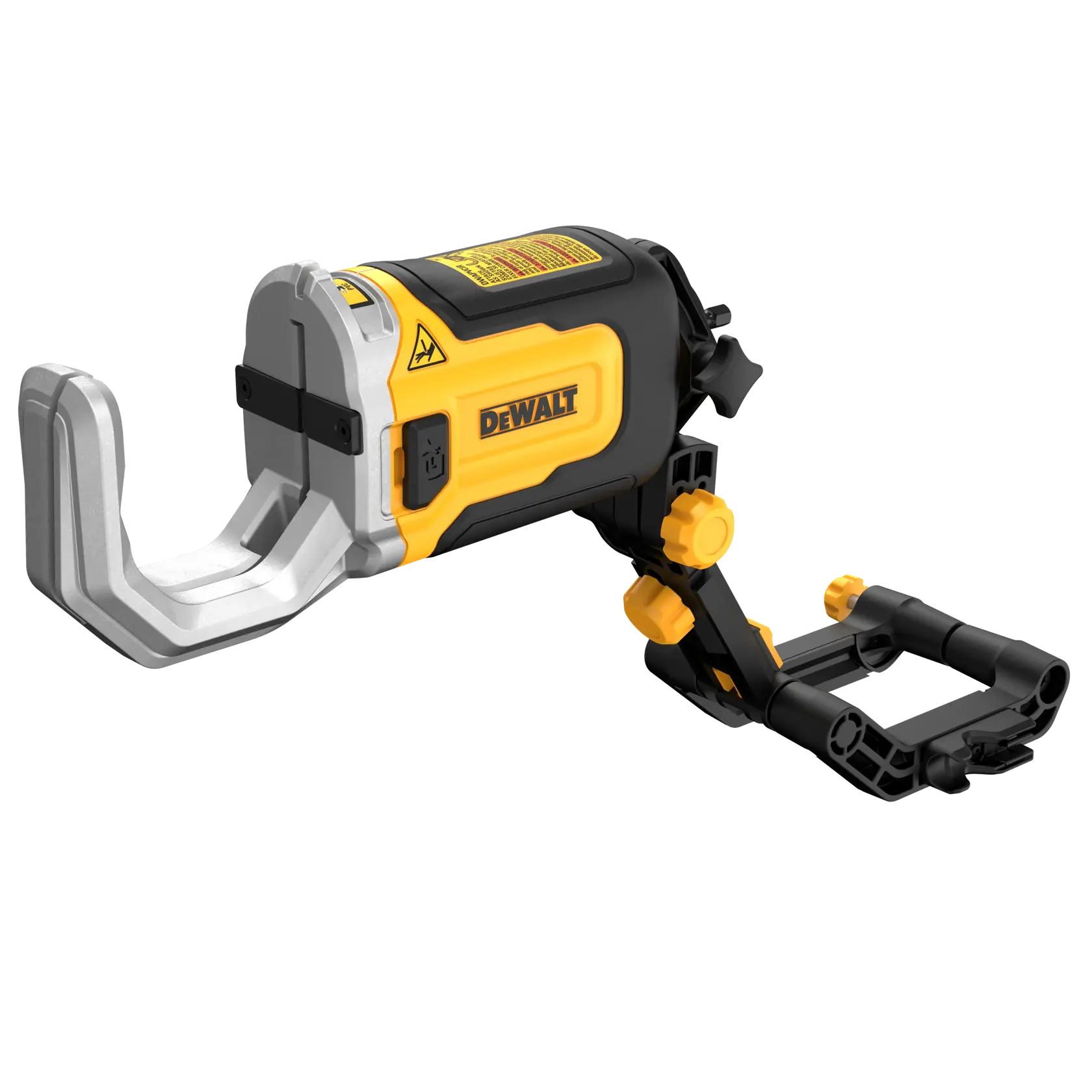 Ferramenta de fotografia DEWALT com corpo amarelo e preto, apresentando um acessório de metal em forma de garra e braços de suporte ajustáveis.