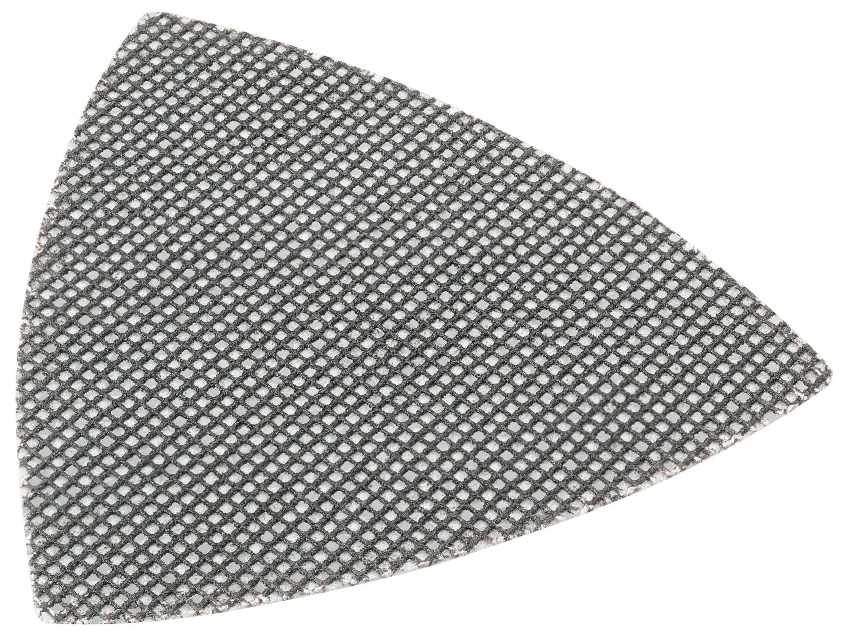 Folha de lixa triangular com design de malha, provavelmente usada para lixadeiras de detalhe ou ferramentas oscilantes. A folha possui textura de grade e é de cor cinza.