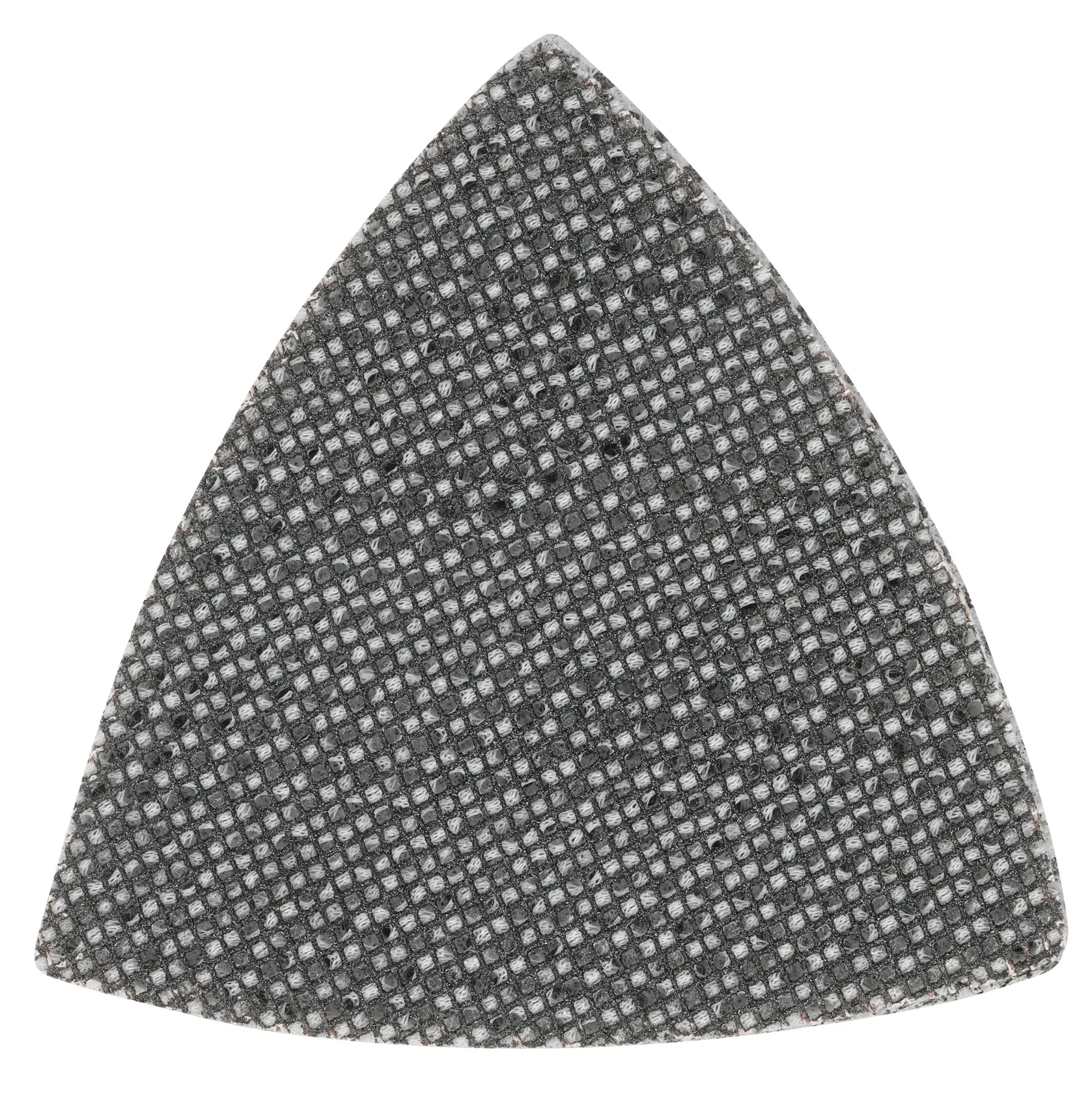 Imagem em close de uma almofada de lixa triangular de malha com superfície cinza texturizada.