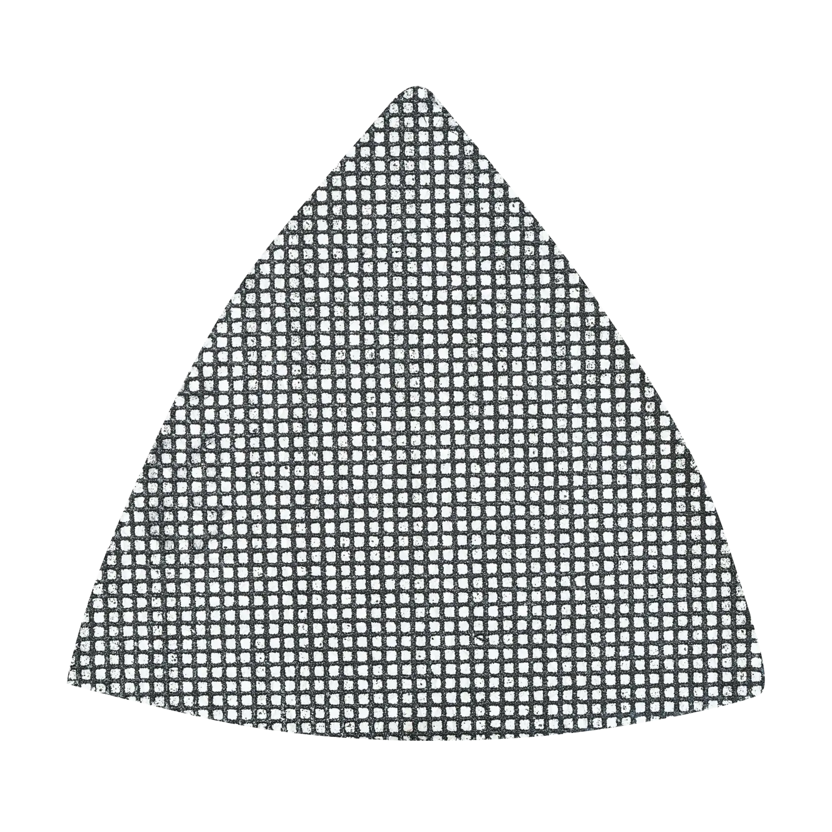 Uma folha de lixa triangular em malha com padrão de grade, usada para lixar superfícies.