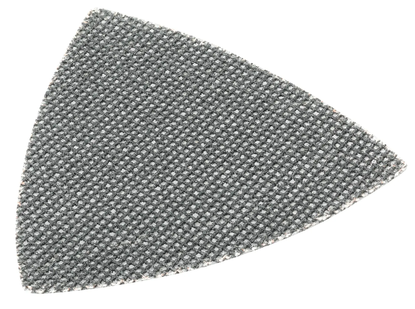 Imagem em close de uma lixa de malha cinza em formato triangular, projetada para uso com ferramentas elétricas para suavizar superfícies.