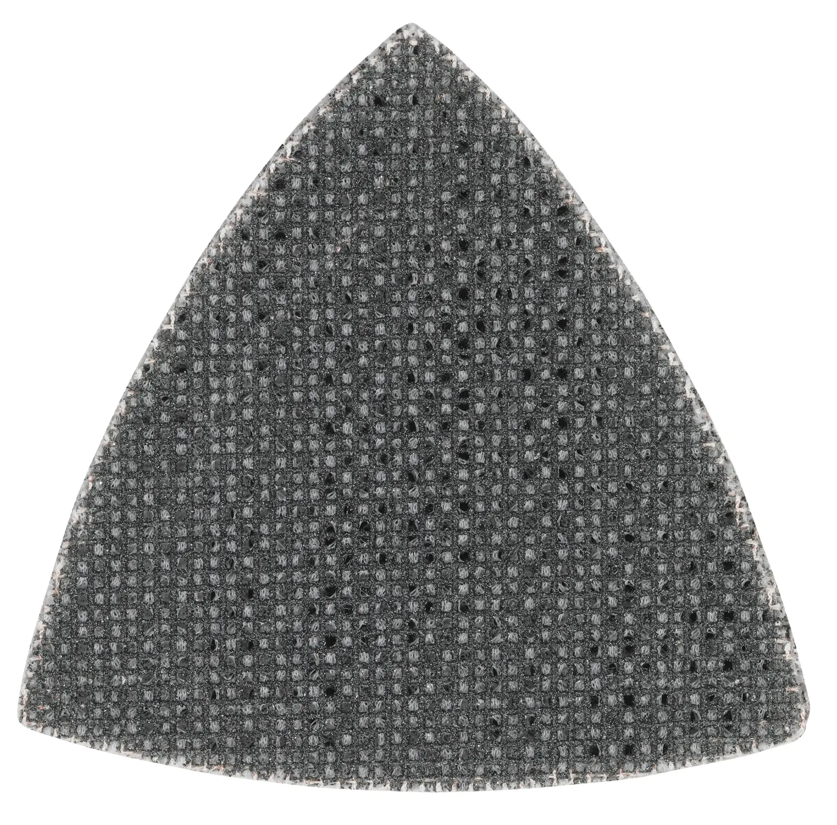 Imagem em close de uma folha de lixa em malha triangular, de cor cinza escuro, projetada para ser fixada em uma ferramenta elétrica para aplicações de lixamento.