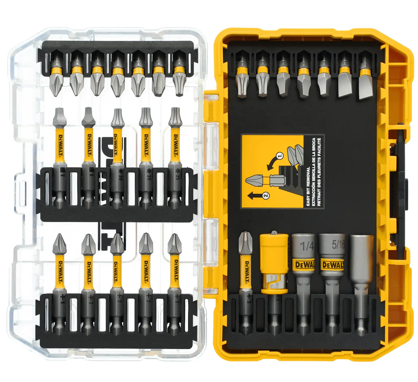 Caixa de plástico amarela e preta da marca DEWALT contendo um conjunto de 30 pontas de parafuso e soquetes. As pontas estão organizadas em filas, e a caixa possui uma tampa transparente do lado esquerdo. O conjunto inclui vários tipos e tamanhos de pontas de parafuso, todas com a marca DEWALT em amarelo e preto.