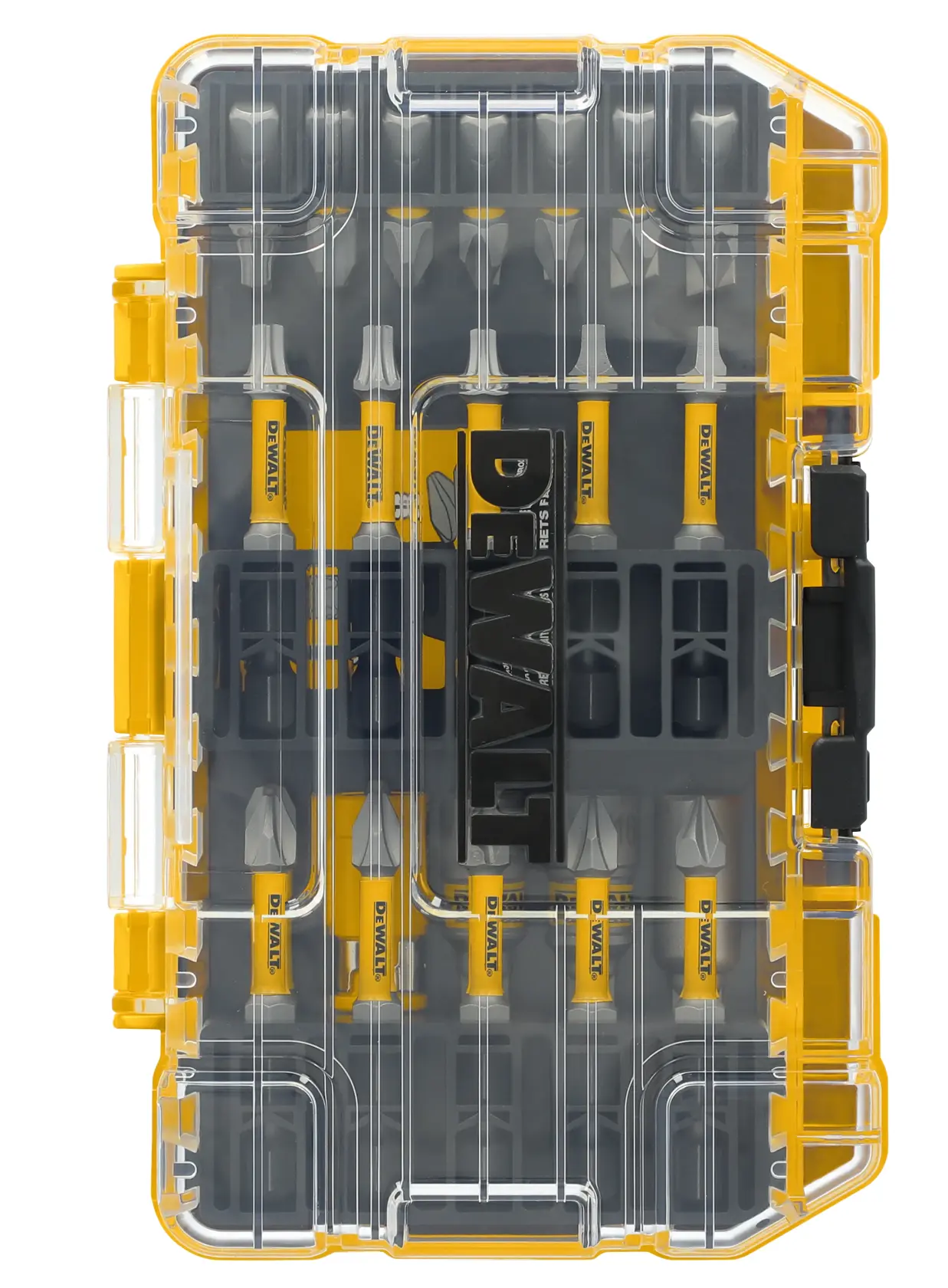 Conjunto de pontas da marca DEWALT em um estojo de armazenamento de plástico transparente amarelo e preto, mostrando várias pontas de chaves de fenda organizadas em compartimentos.