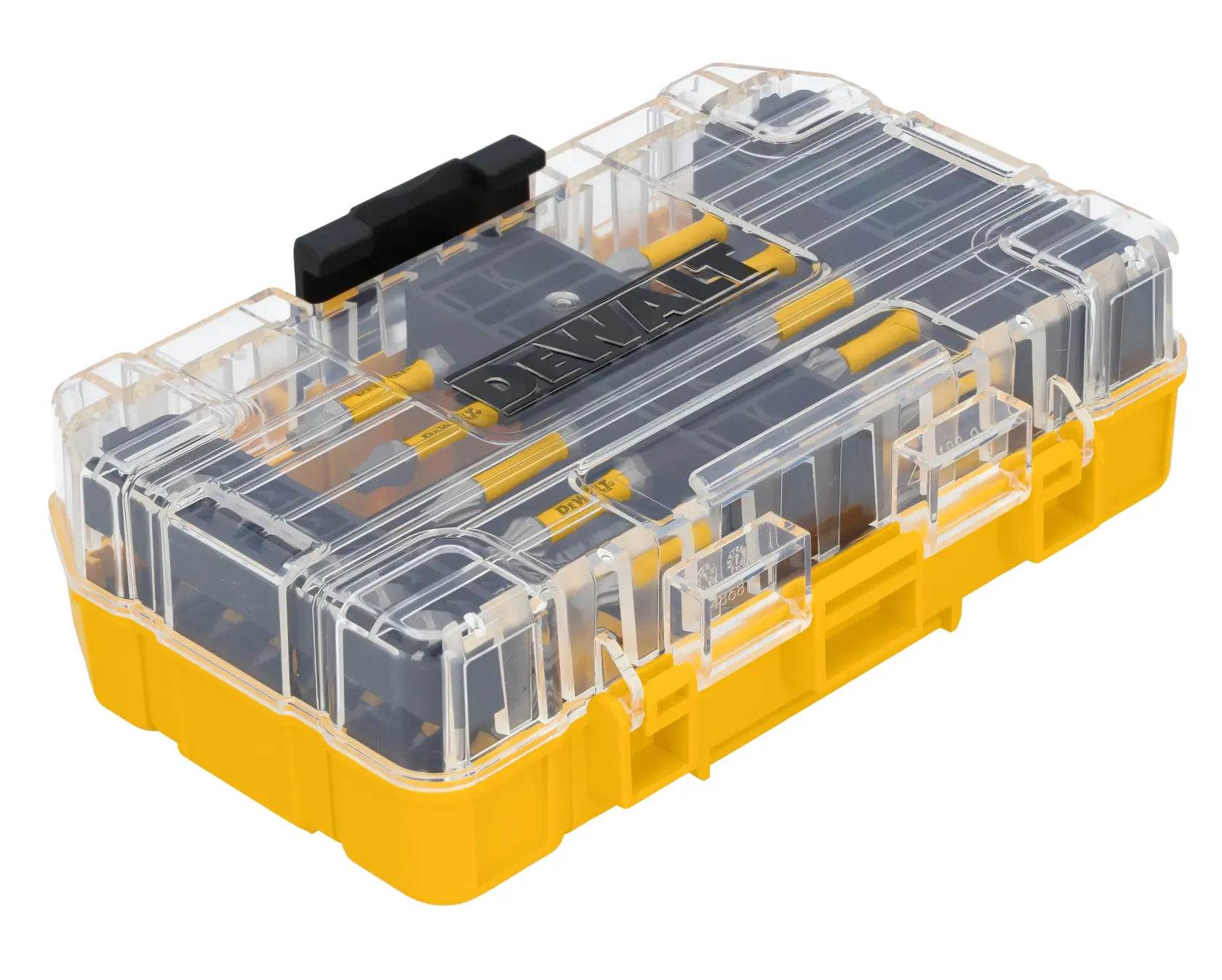 Caixa organizadora DEWALT de plástico com tampa transparente e base amarela, projetada para armazenar e organizar pequenas ferramentas ou acessórios.