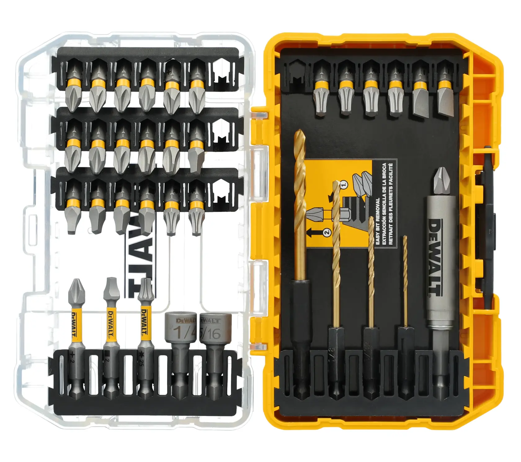 Um conjunto de brocas e pontas de parafusadeira multiuso DEWALT em uma caixa de plástico amarela e transparente robusta. O conjunto inclui várias pontas de parafusadeira, brocas e um suporte de bit, organizados em compartimentos individuais para fácil acesso.