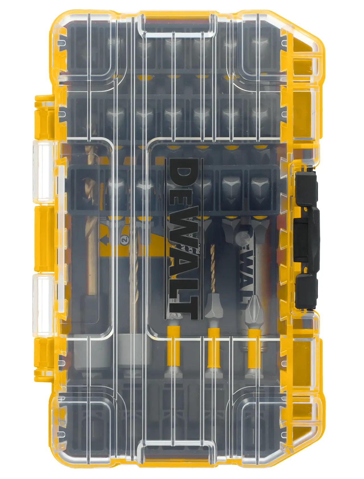 Uma caixa de armazenamento da marca DEWALT feita de plástico transparente e amarelo, contendo várias brocas e bits de parafusadeira. A caixa possui um fecho preto seguro e tampa transparente, mostrando a organização das ferramentas dentro.