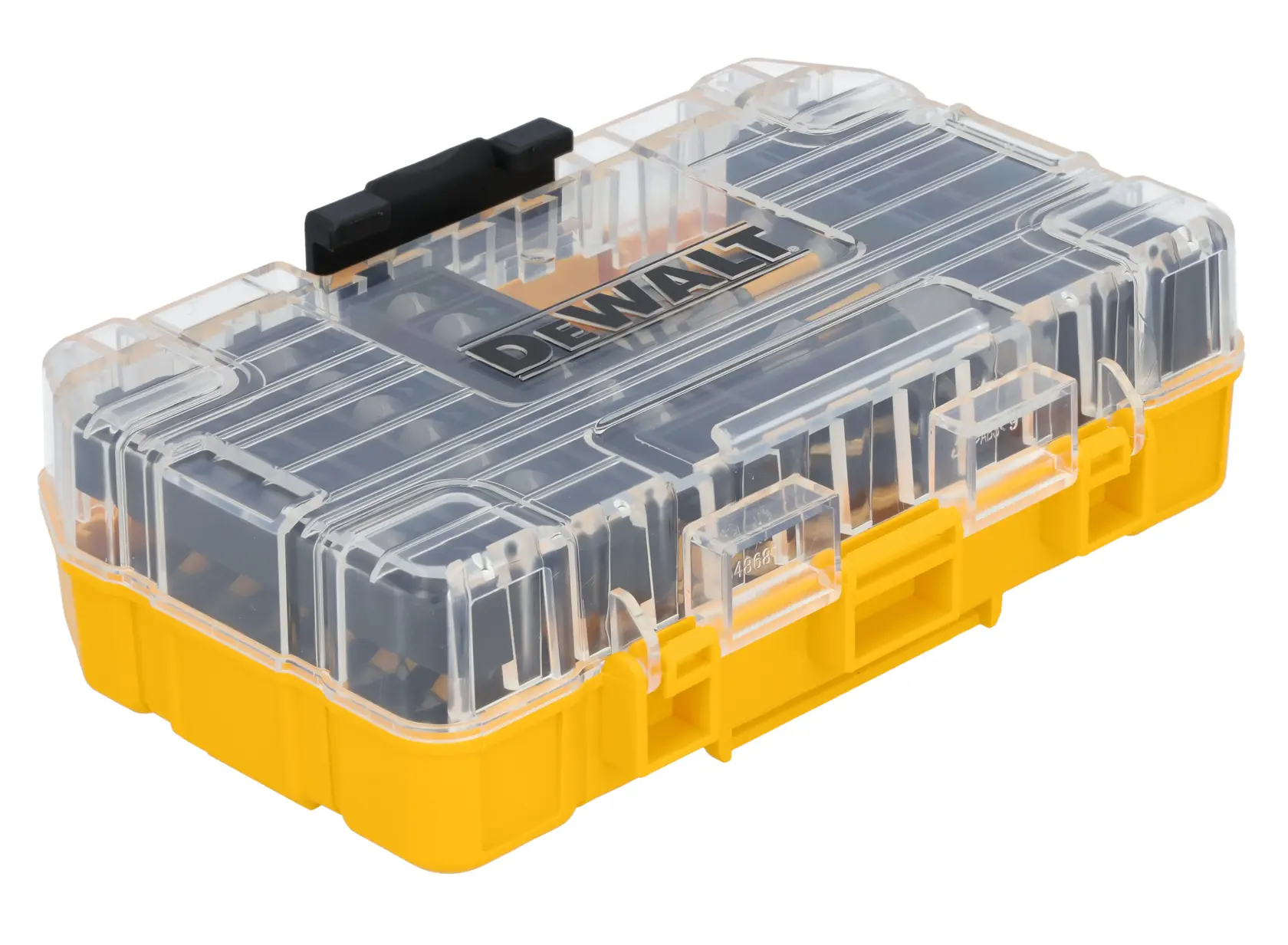Uma caixa de ferramentas de plástico amarelo e transparente da marca DEWALT com trava preta, projetada para organizar e armazenar pequenos acessórios.