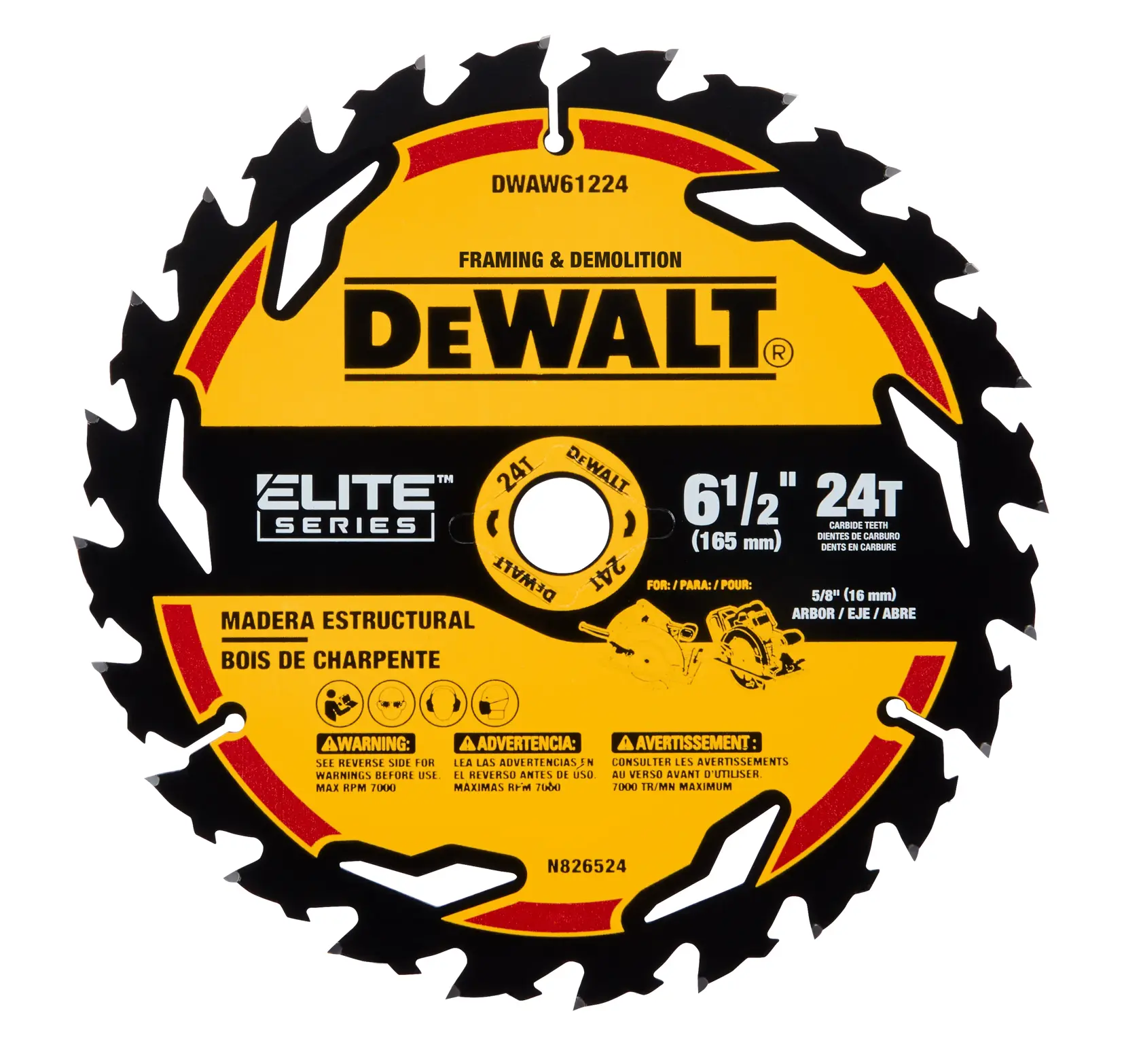 Lâmina de serra circular DEWALT Elite Series de 6-1/2 polegadas (165 mm) para estruturas e demolição, com 24 dentes de carbeto e indicação de madeira estrutural. O número do modelo é DWAW61224 e cabe em uma árvore de 5/8 polegadas (16 mm). A lâmina apresenta ícones e textos de advertência em inglês, espanhol e francês.